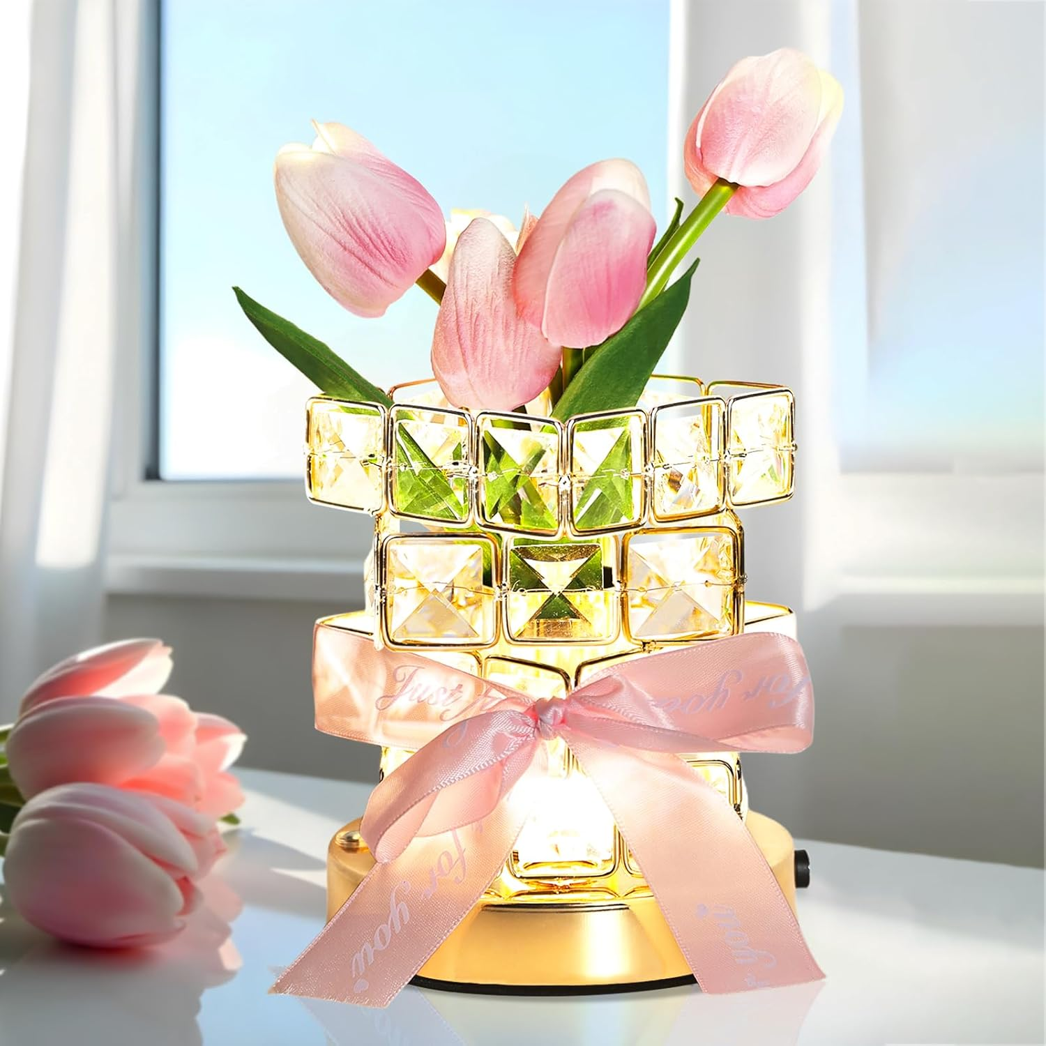 Tulips Flower Lamp,3 Colors Dimmable Crystal Pink Tulip Night Light,Rechargeable Cordless Flowers Table Lamp,Living Room Bedroom Mood Lighting Home Decoration Birthday Gifts for Women Mom (Tulip) image number 3