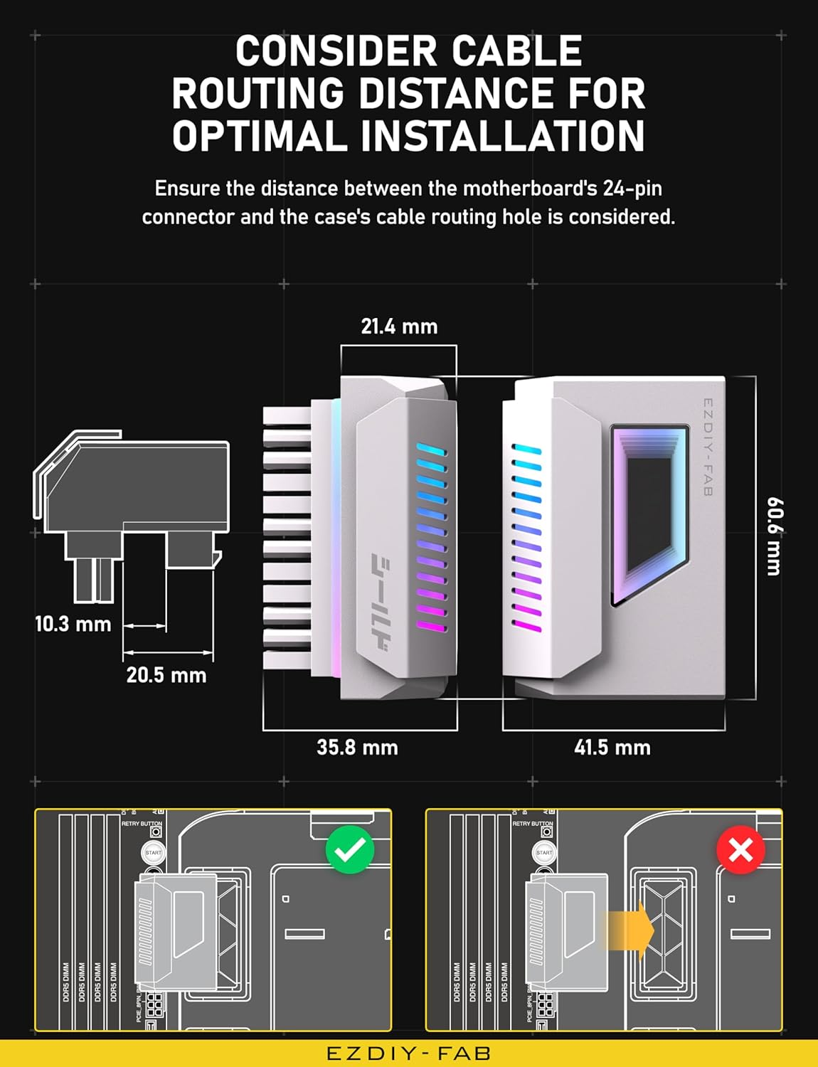 EZDIY-FAB Shield 24-Pin Angle Adapter with Infinity Mirror ARGB Light,Atx 24 Pin Power Connector, 5V 3Pin ARGB Sync-180 Degree-White-1 Pack image number 6