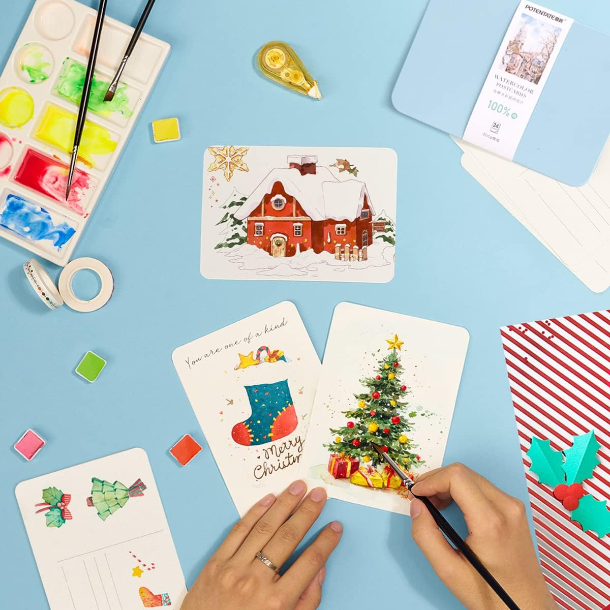 LIGHTWISH Blank Watercolor Paper Postcards, 4"X6" 140Lb 300Gsm Hot Press 24 Sheets, Art Paper Post Note Cards for Watercolor Journal, Art Supplies for Thank You Notes, Invitations, and Greeting Cards - Green Case image number 2