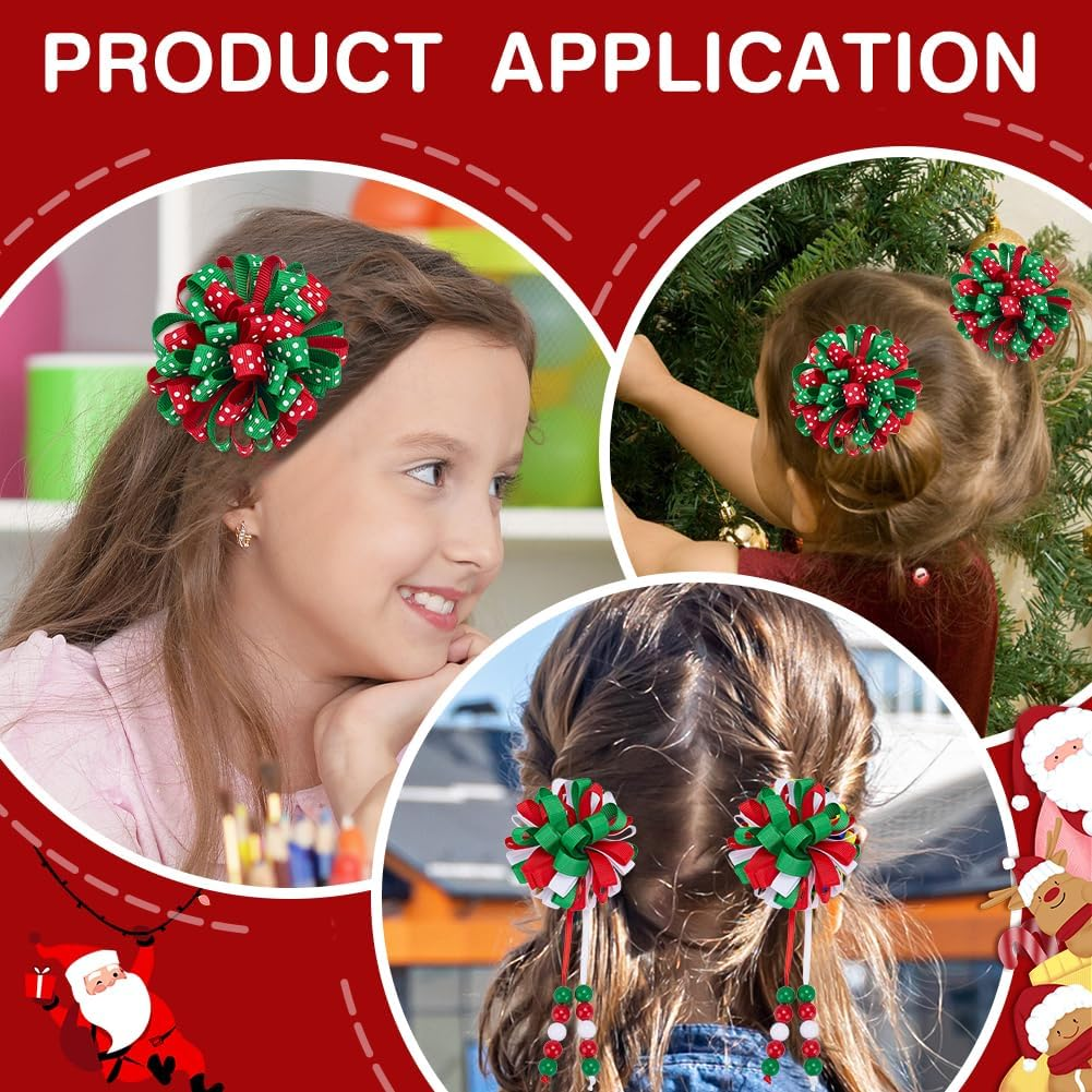 WADORN Pack of 4 Hair Clips with Christmas Curling Ribbon. Curly Alligator Hair Clips Grosgrain Ribbon Ball Flower Red Green White Handmade Holiday Hair Clip for Christmas Hair