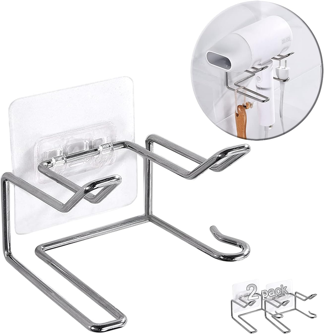 Centerz 2 Pack Hair Dryer Holder, Wall Mount Self Adhesive Waterproof Blow Dryer Rack Storage Organizer Hanger, Compatible with Dyson and Most Hair Dryers Appliance, Brush, Curling Iron, Straightener