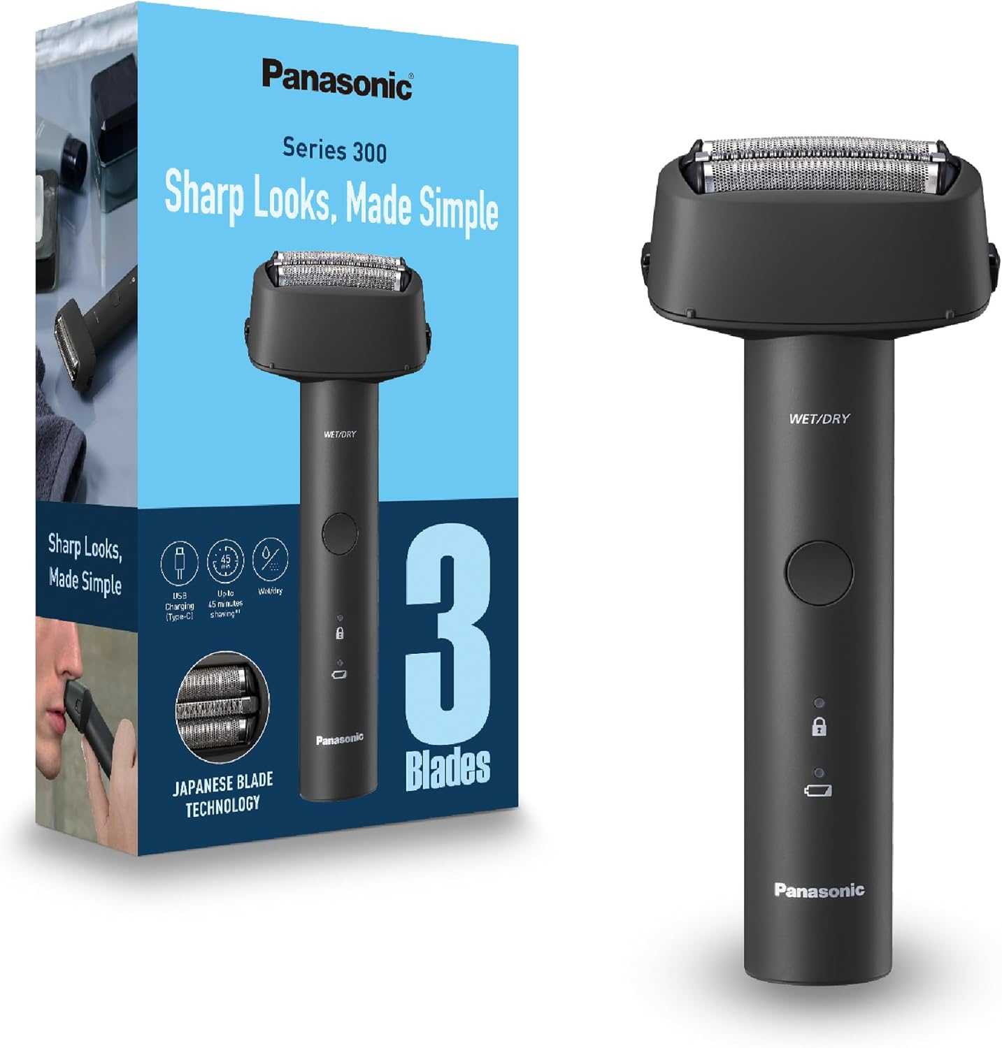 Panasonic Series 300 Wet & Dry 3-Blade Electric Shaver for Men, Stainless Steel Blades, Ergonomic Handle with USB-C Charging, Black (ES-RM3B-K541)