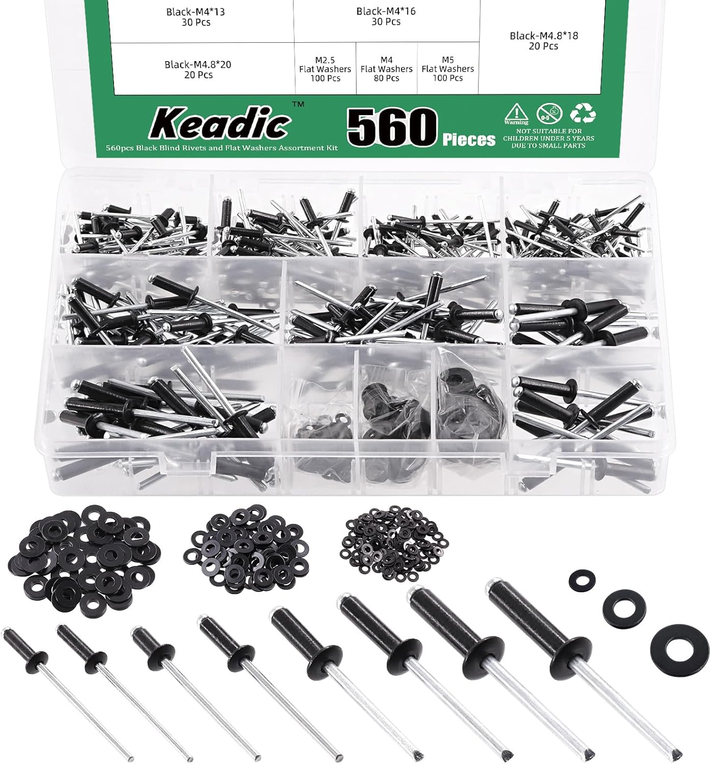 Keadic 560Pcs Pop Rivets Assortment Kit with Backup Washers, M2.4 M3.2 M4 M4.8 8 Sizes Aluminum Blind Rivets for Automotive, Marine, Ships (Black)