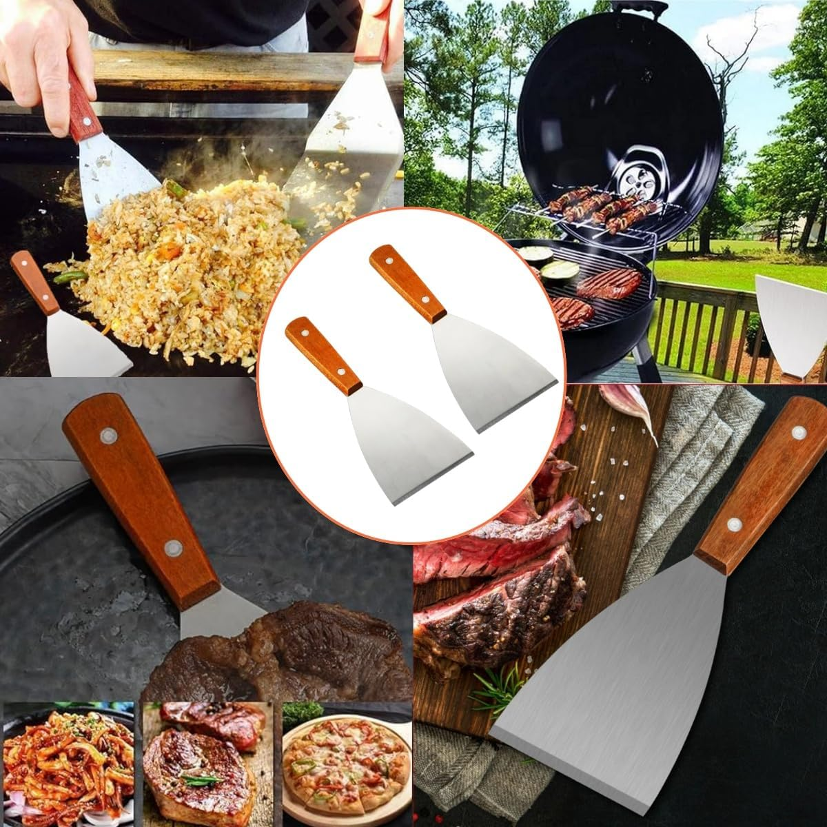 2 Piece Stainless Steel Grill Scraper Tool, with Wooden Handle, Versatile Grill Scraper Tool for Cooking of Pancakes, Pizzas, Beveled Edges image number 2