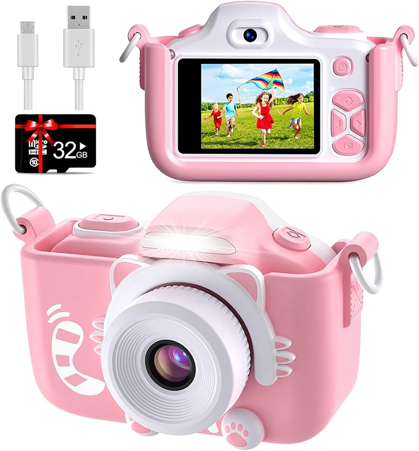 Bluefire 16MP HD Digital Camera for Kids, 2In IPS Screen Children Selfie Camera with Cartoon Silicone Cover & 32GB SD Card, Christmas/Birthday 4-11 Year Old Boys & Girls(Pink)