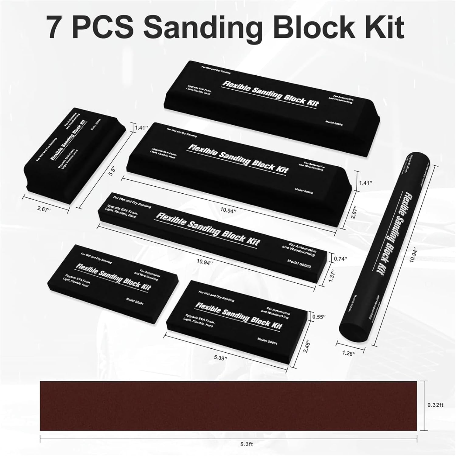 Ssumght Sanding Blocks Kit,7Pcs Flexible EVA Foam for Wet or Dry Autobody, Automotive Car Bodywork Paint, and Woodworking, Includes Sandpaper (Black) image number 5