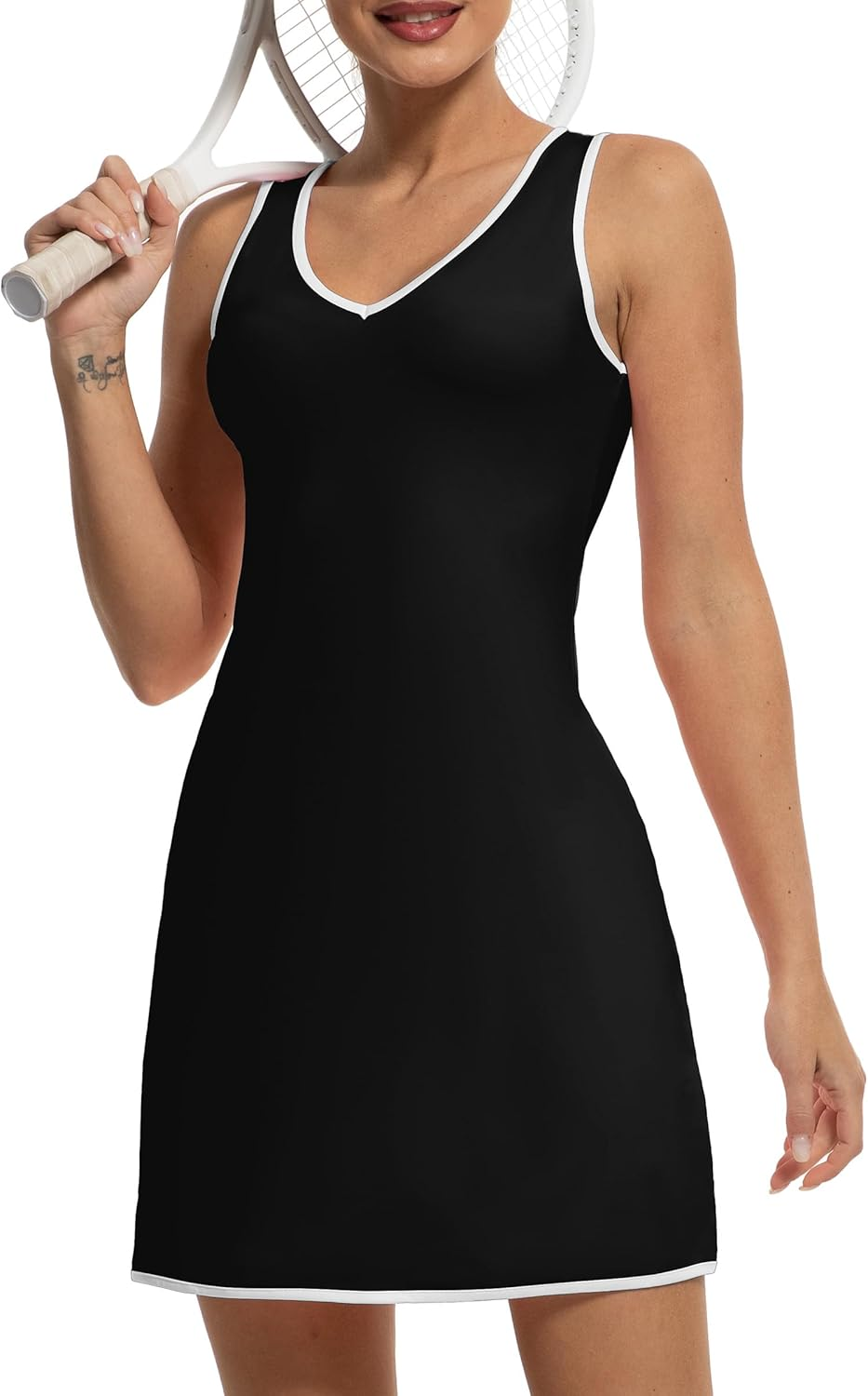 FKEEP Tennis Dress with Shorts Womens V Neck Athletic Workout Golf Dress Casual Sleeveless Colorblock Dress