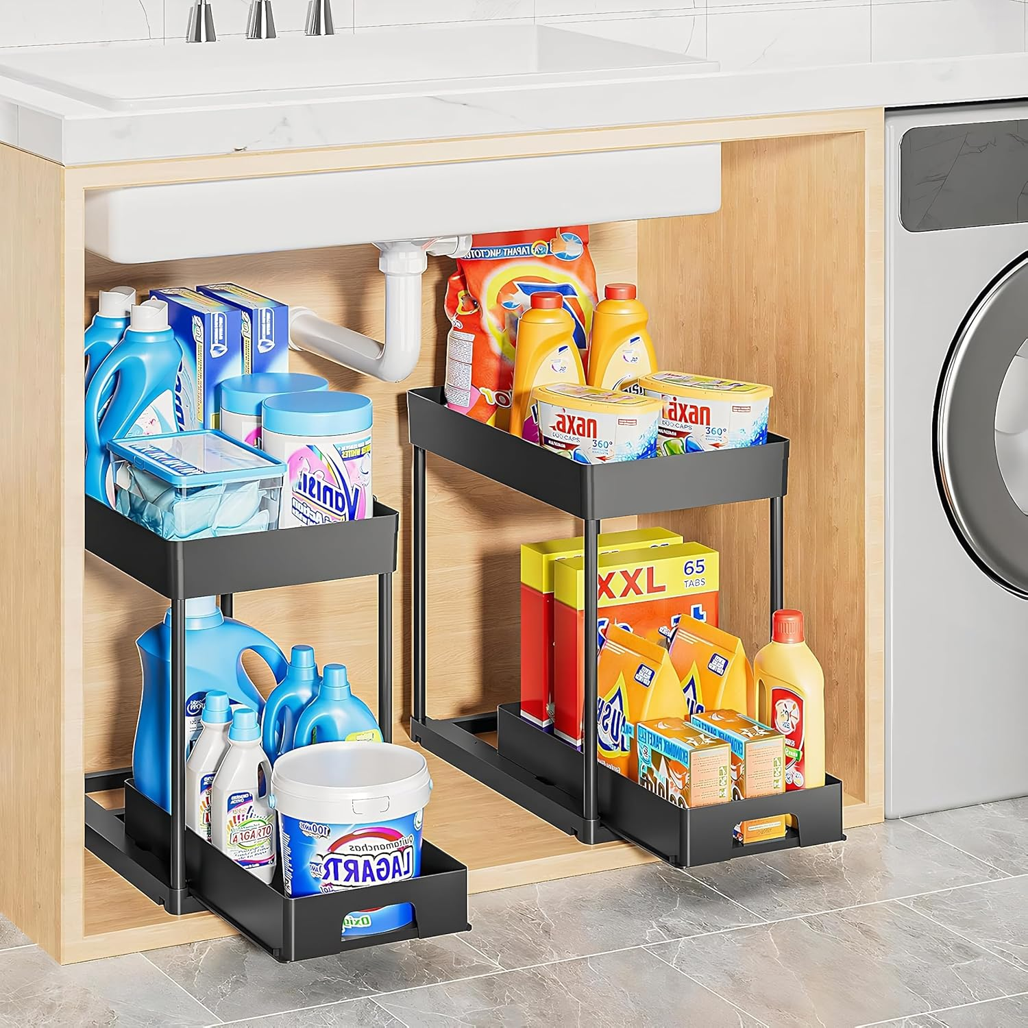 Kintiva 2 Pack under Sink Organiser, 2 Tier Sliding Storage Rack for Kitchen Bathroom Cabinet (Black) - Black image number 6