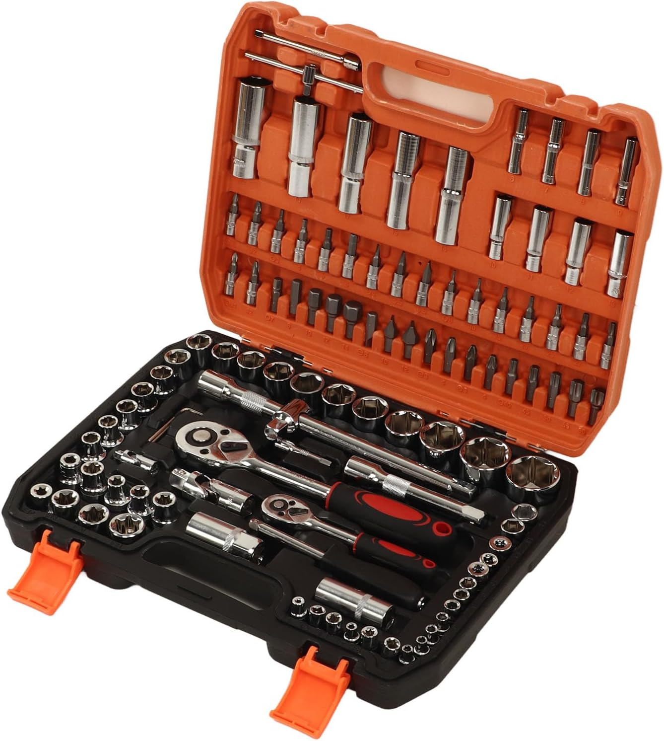 108 Piece Mechanical Repair Tool Set Chrome Steel Sockets Bits Ratchet Wrenches Hex Keys for Car and Home Maintenance image number 1