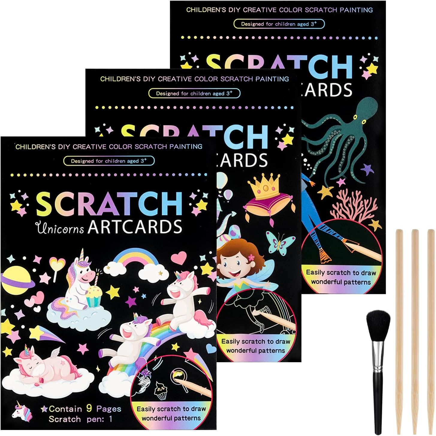Rayong Set of 3 Scratch Pictures for Children, 18.5 X 13.5 Cm, Magic Rainbow Scratch Paper, Scratch Book, Scratch Paper Set with Colourful Gradient and Scratch Pen, Dinosaurs, Space, Oceans (B) image number 6