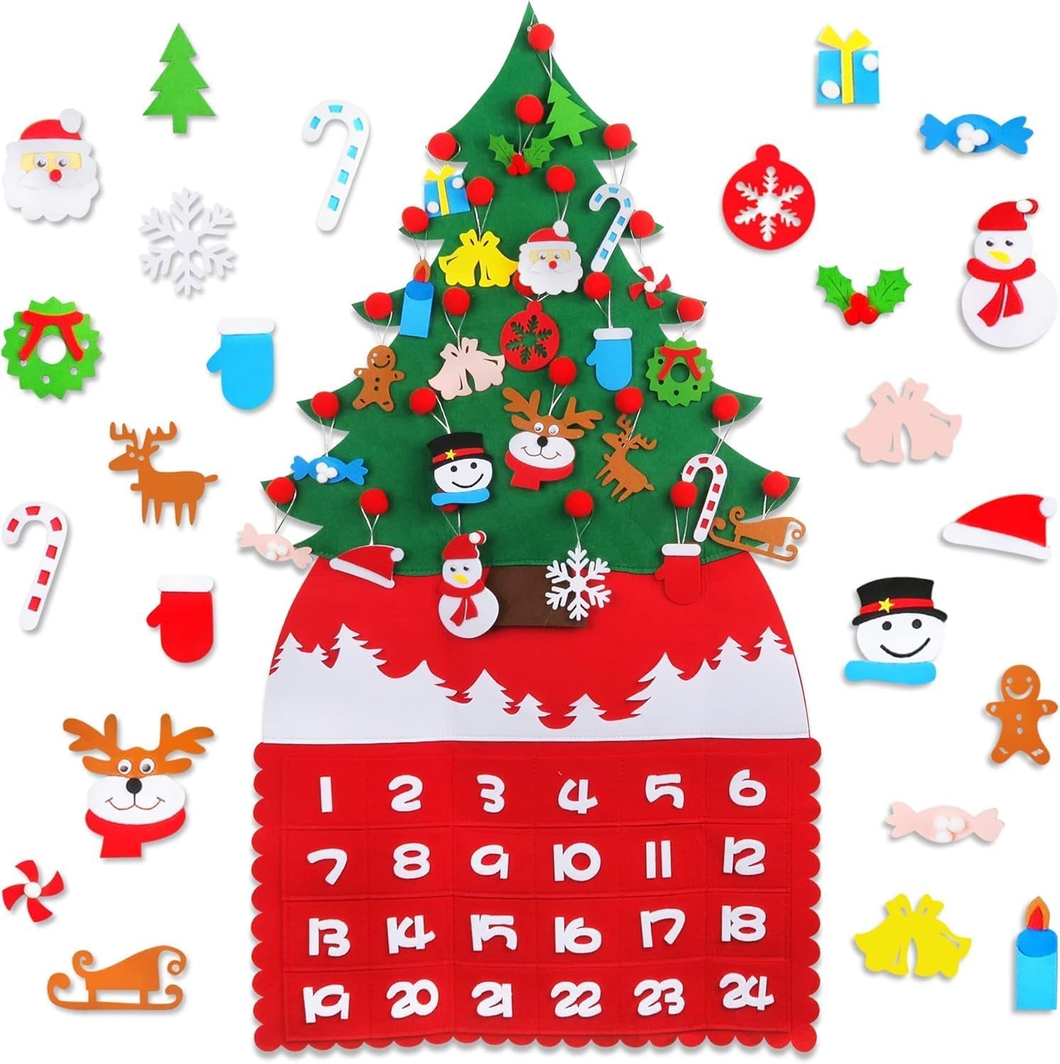 Christmas Advent Calendar 2024, DIY Xmas Tree Felt Countdown Calendar with 24Pcs Reusable Detachable Ornaments for Kids Gifts Wall Door Hanging Decoration Home Office Classroom Holiday Decor image number 5