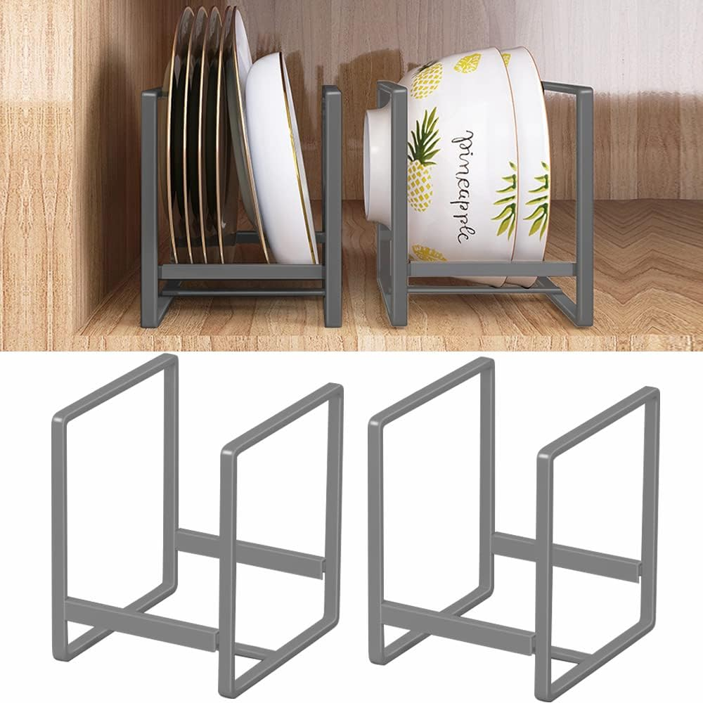 2PCS Plate Holders Organizer, Metal Dish Storage Dying Display Rack for Cabinet, Counter and Cupboard, Grey, Small