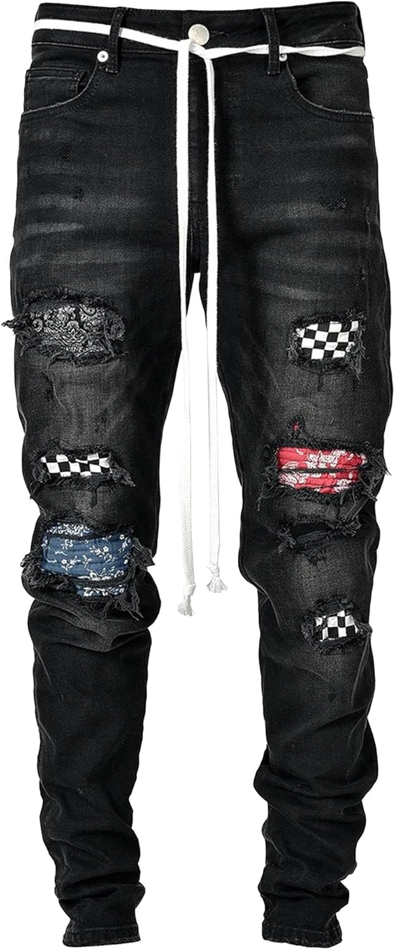 Men'S Trendy Skinny Jeans Classic Straight Ripped Slim Fit Jean Casual Regular Tapered Male Denim Pants, Black, L