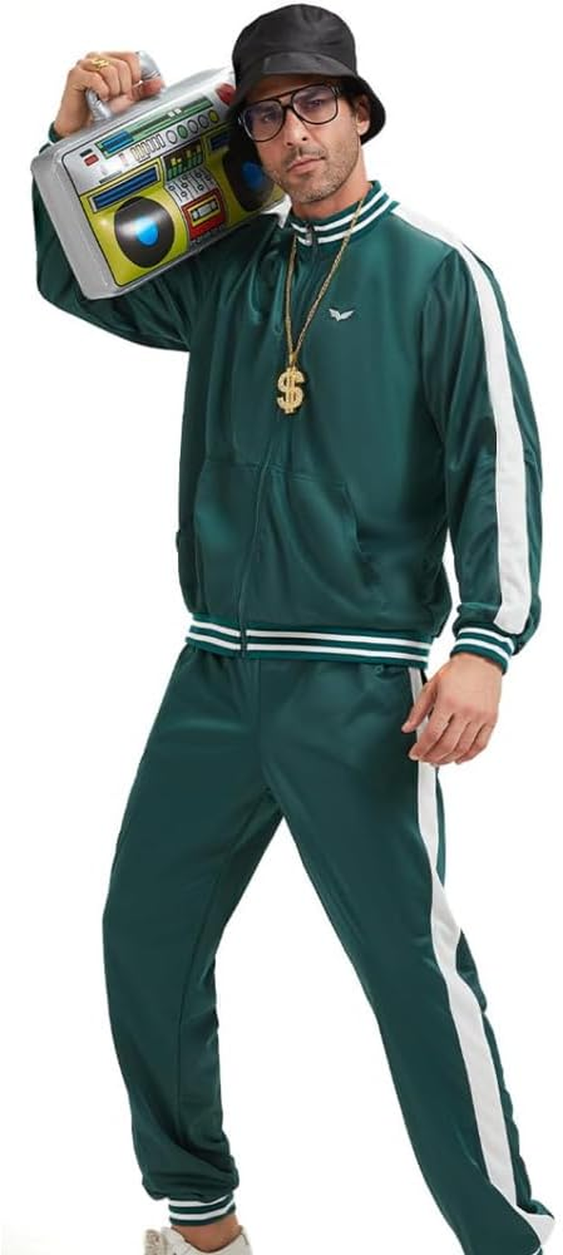 Slowton Mens 80S 90S Costume - Retro Tracksuit Set Lightweight Green Long Sleeve Jacket Pant Set, Disco Outfit Sportswear Hip Hop Tracksuit Urbanwear Streetwear for Rock Festivals Carnival Party image number 5