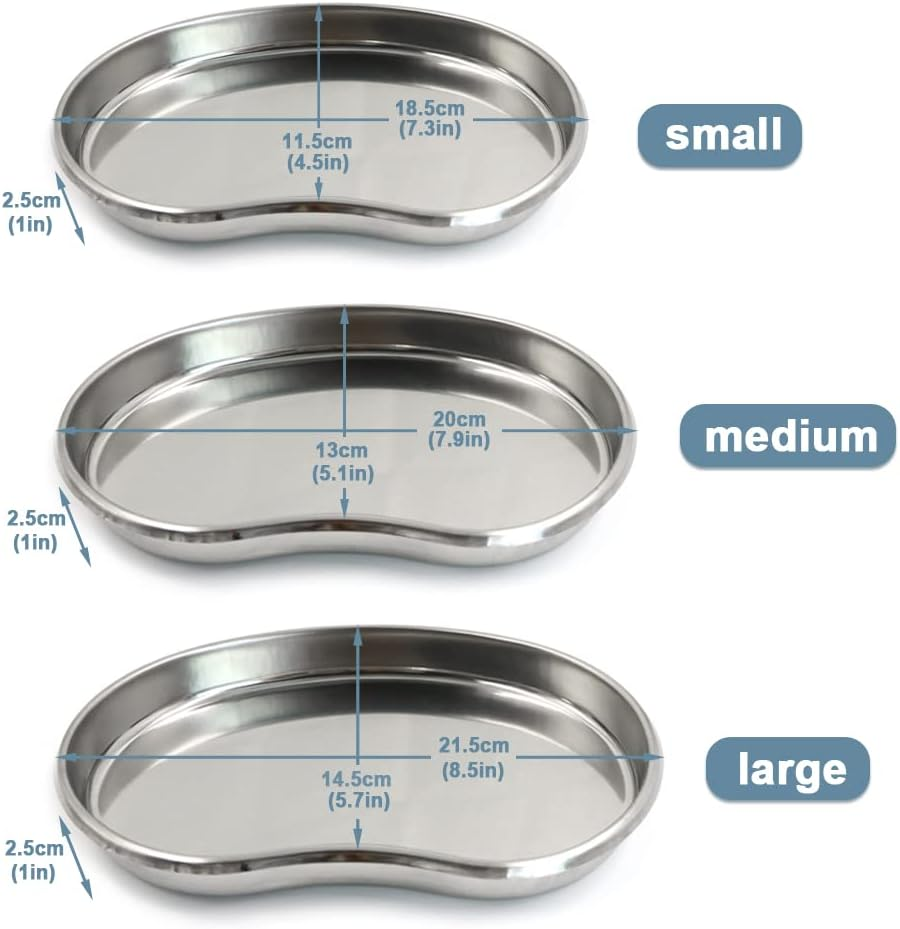 3Pcs Stainless Steel Kidney Tray, Graduated Metal Emesis Basin, Reusable Kidney Bean Shaped Bowl Dish, Dental Lab Instrument Surgical Tray for Medic Waster (Small, Medium, Large)