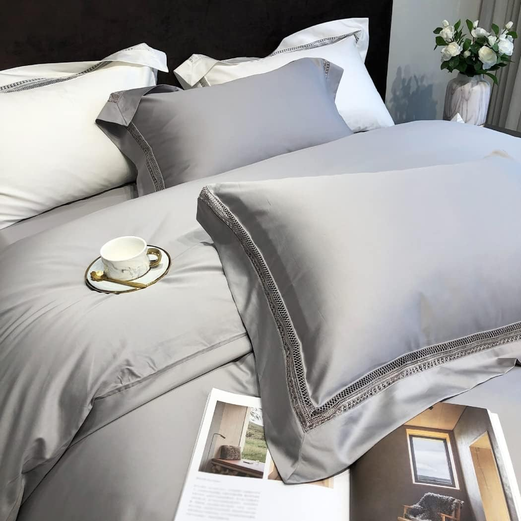 Modern Minimalist Hollow Edge Long-Staple Cotton Four-Piece Set Cotton Cotton Solid Color Quilt Cover Bedding,Silver,2200 * 2400Mm image number 4