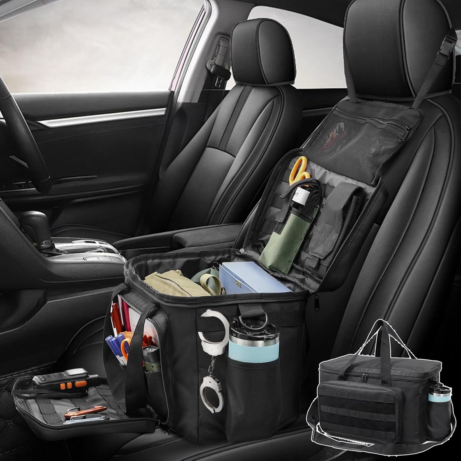 Car Organizer, Tactical Car Seat Organiser with Molle Panel, Adjustable Shoulder Strap, Practical Multi-Pockets Vehicle Folding Patrol Storage Bag image number 5