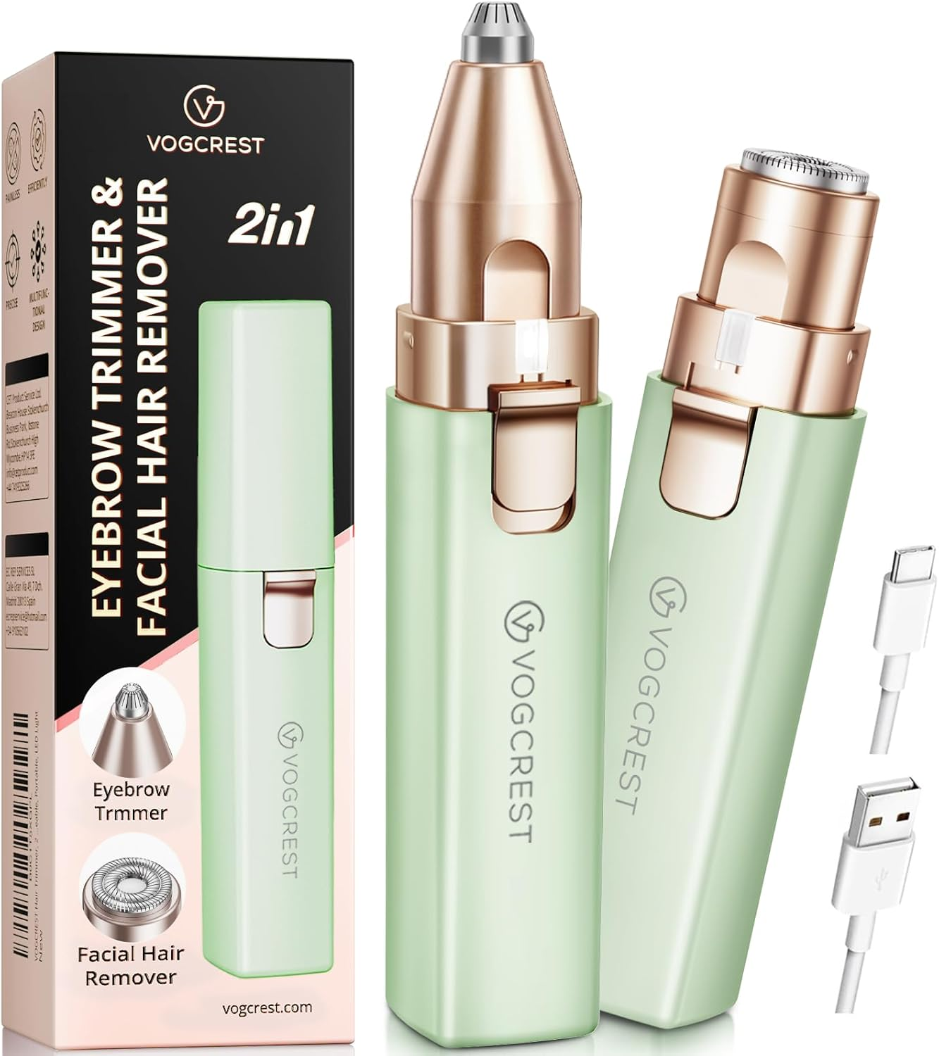 VG VOGCREST Rechargeable Facial Hair Removal for Women: 2-In-1 Electric Eyebrow and Facial Hair Removal Device - Suitable for Eyebrows Chin Cheeks Features a Built-In LED Light (Gold)