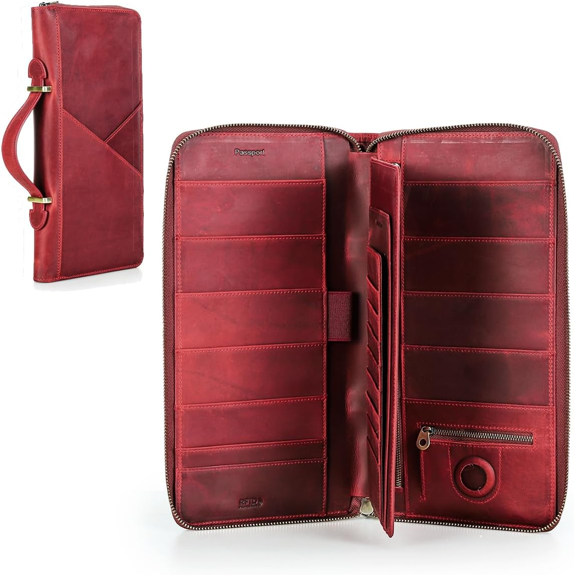 CONTACTS Family Passport Holder for 10 Full Grain Leather Airtag Passport Holder for Family Travel Document Organizer Multiple Passport Wallet with Rfid Blocking (Red) image number 4