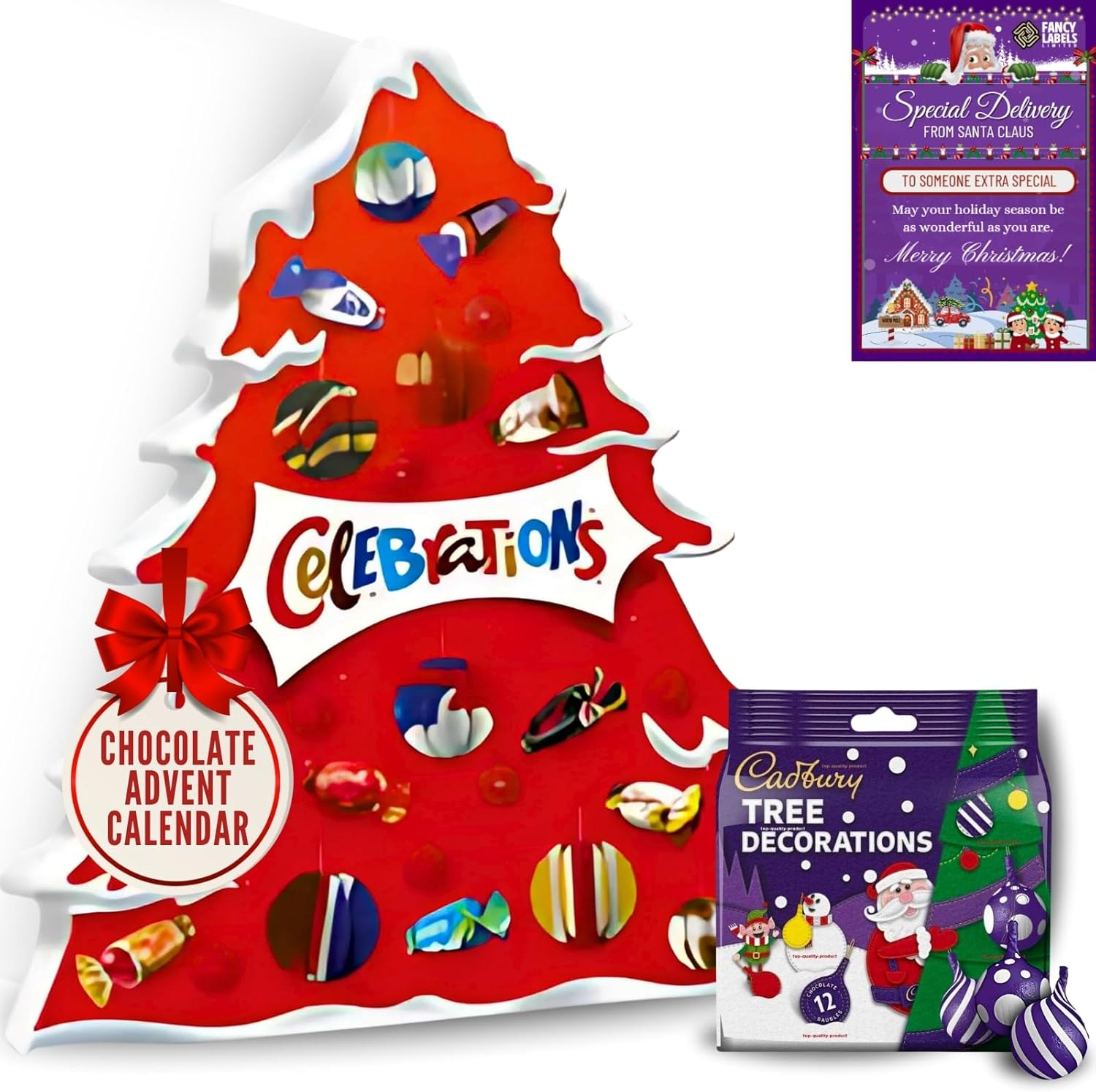 Chocolate Advent Calendar 2024 with Celebrations Chocolate Christmas Tree Advent Calendar 215G and Cadbury Chocolate Tree Decorations 72G Bundle with Fancy Labels Christmas Card