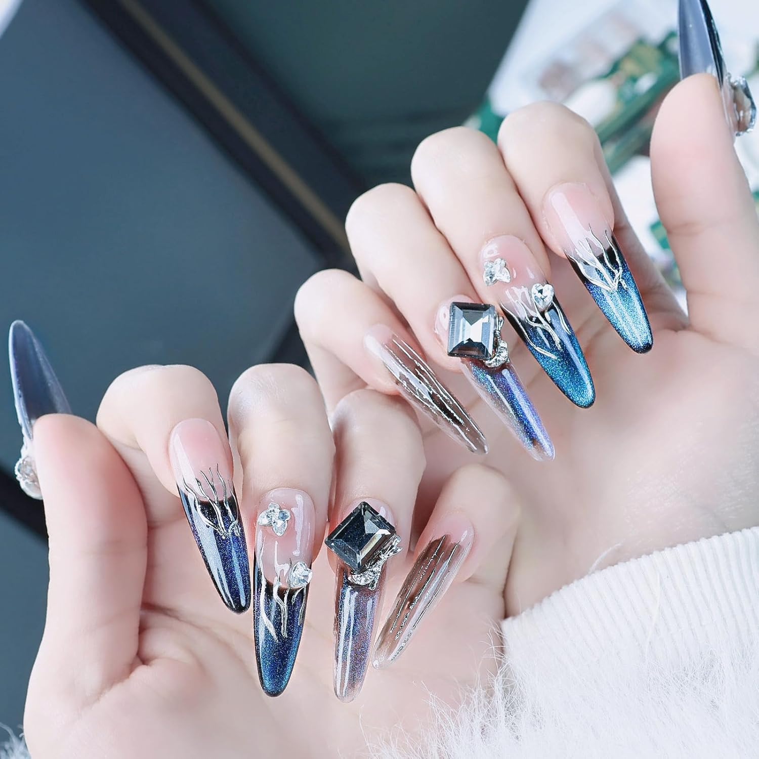 Press on Nails Handmade Long Coffin Fake Nail with Charms False Fingernail Rose Bow Pearl Acrylic Artificial Finger Luxury Glue on Manicure for Women Blue 10 Pcs (M)