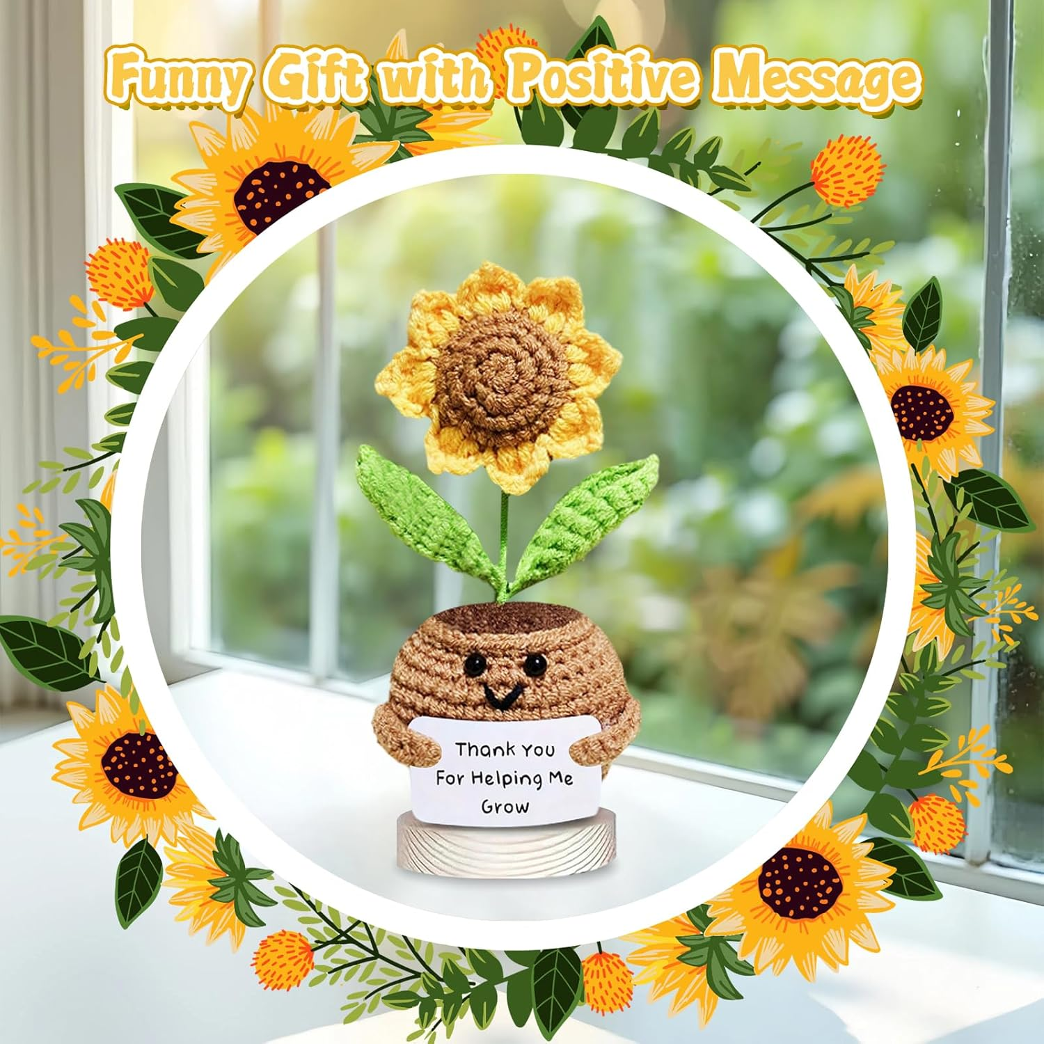 Handmade Crochet Sunflower Gift - Positive Emotional Support Sunflower Decor for Desk, Birthday for Women, Teacher Appreciation, Mothers Day, Graduation (T02) - Yellow G image number 2