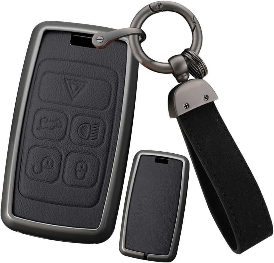 Ontto Alloy Leather Remote Key Fob Cover Fit for Defender Discovery Sport Fit for NEW Range Rover Evoque Sport Velar Smart Key Shell Case Keyring Key Holder Bag Keychian Accessories