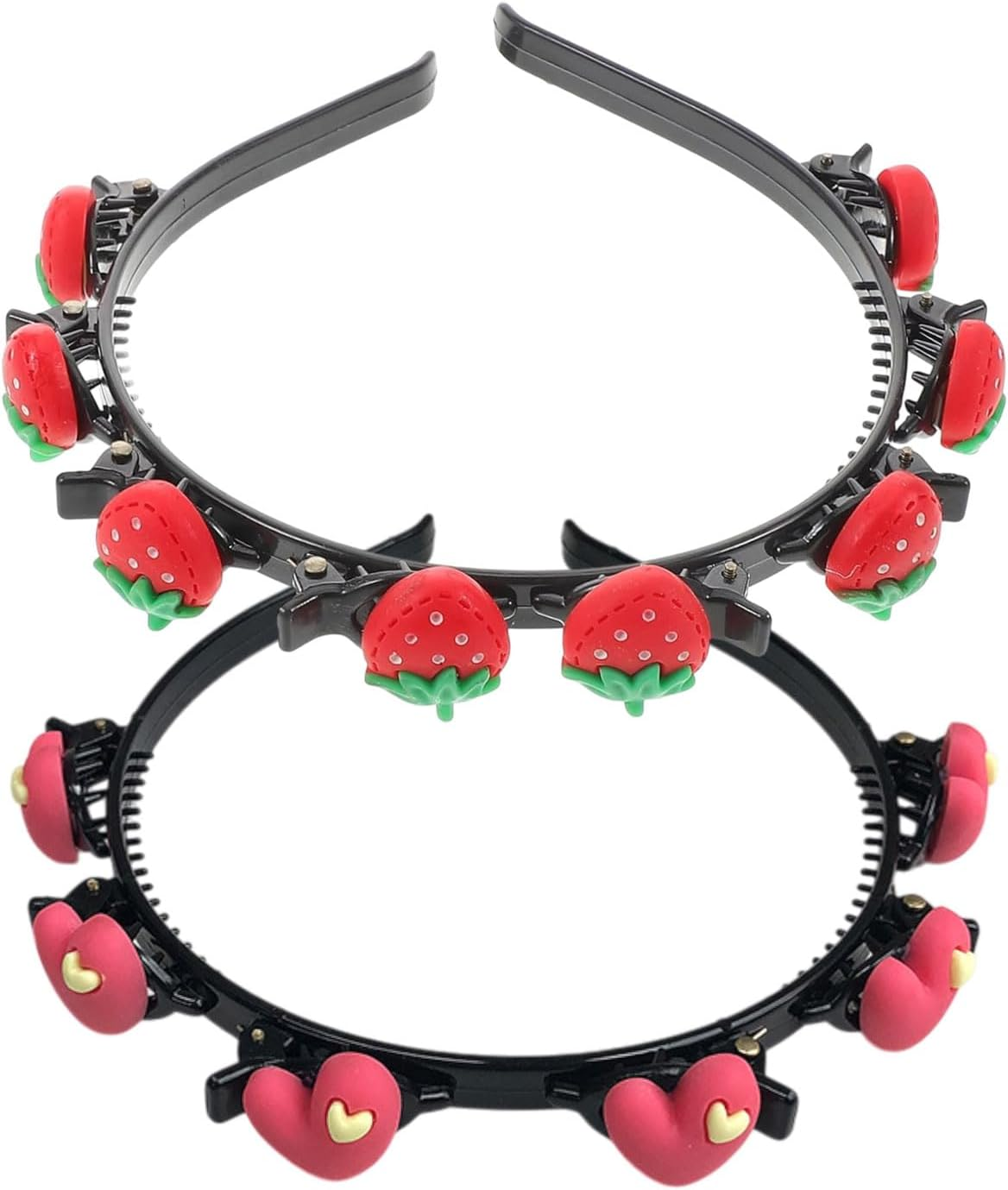 FUGLUS 2 X Fashion Headbands for Women, Braided Headbands with Clips, Hair Twister Headband for Double Bangs Hairstyles, for Women and Girls, Strawberry/Heart image number 4