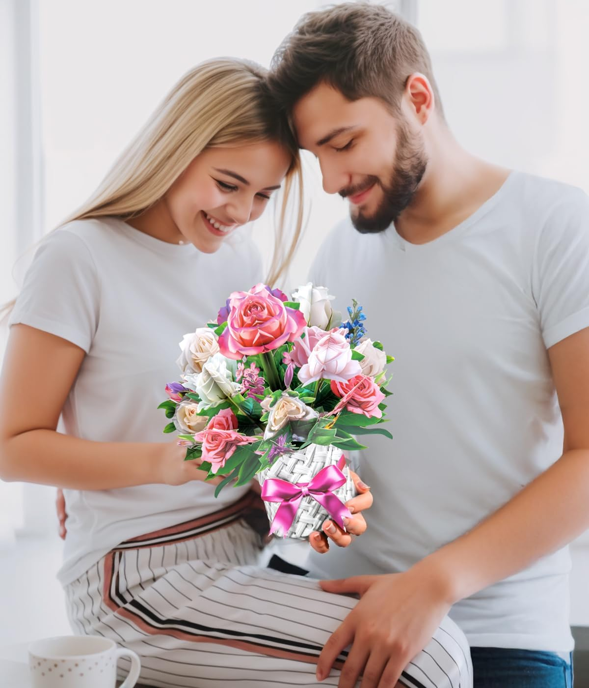 3D Pop-Up Pink & White Rose Bouquet Card Elegant Floral Card for Mother&rsquo;S Day Birthday Anniversary Valentines Thank You Retirement Get Well Thinking of You &ndash; Includes Envelopes & Blank Note Card image number 1