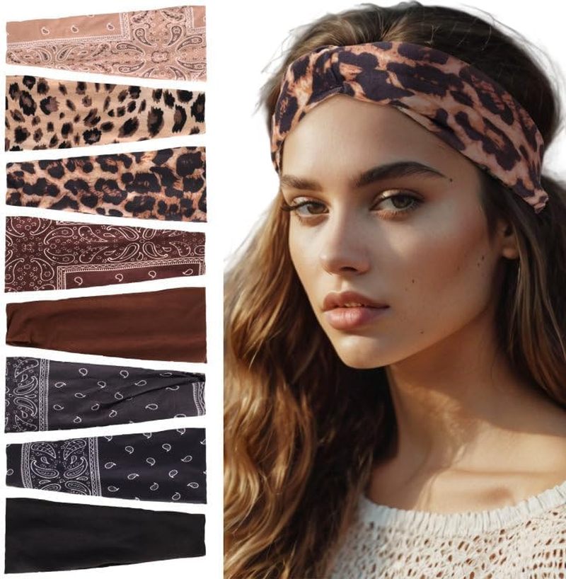 Pack of 8 Women'S Soft Headbands, Elastic Hair Bands, Summer Wide Headband Print Hair Accessories, for Yoga, Exercise, Workout, Running, Gym (Boho, Leopard Print, Plain) image number 1