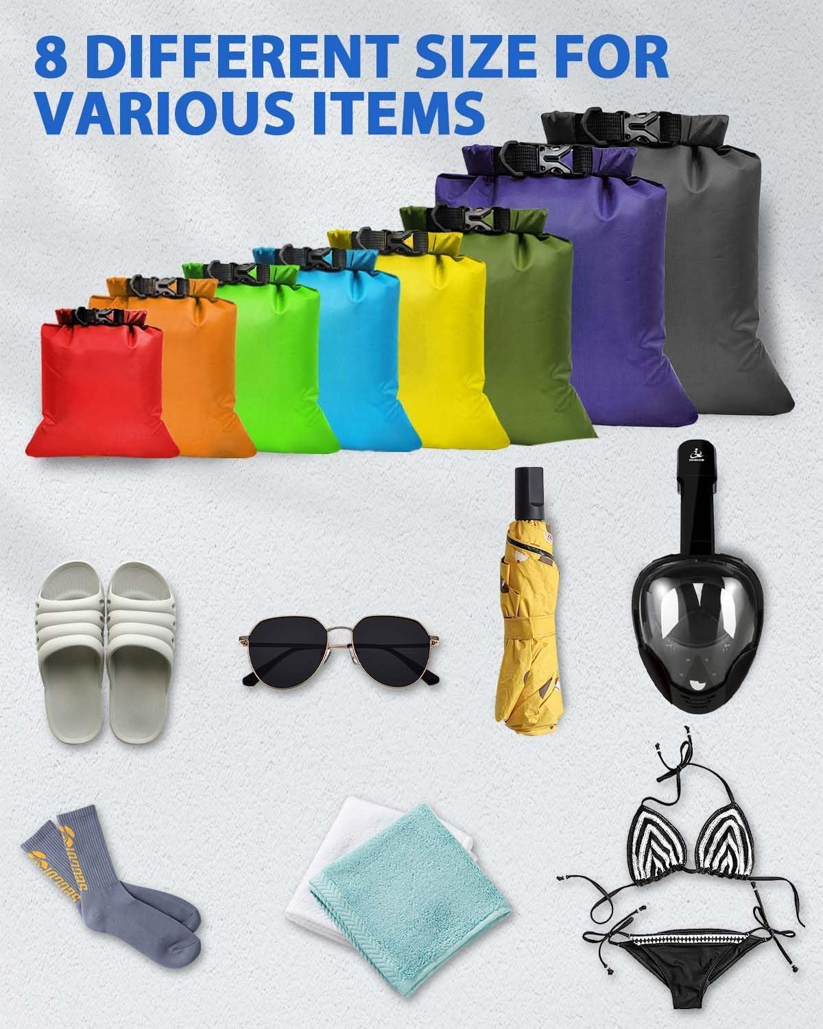 8 Pack Waterproof Dry Bag Set, Outdoor Sacks Keep Gear Dry for Hiking, Backpacking, Kayaking, Swimming, Boating, Camping, Water Proof Bag Eight Sizes and Colors image number 2