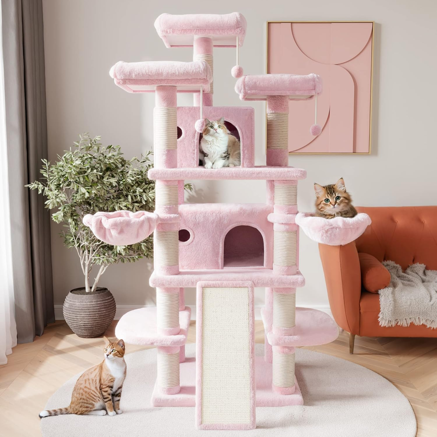 SHA CERLIN 68 Inches Multi-Level Large Cat Tree for Large Kitties/Big Cat Tower with Condo/Cozy Plush &zwnj;Pussycat Perches/Sisal Scratching Posts and Hammocks/Activity Center/Pink image number 3