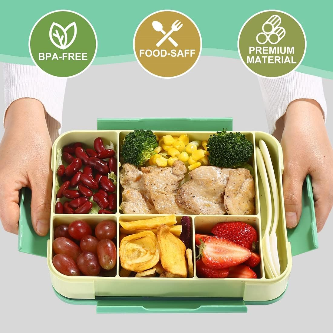 Inngly Children'S Lunch Box with 5 Compartments - 1.3L BPA Free Bento Box, Leak-Proof, Durable, Microwave & Dishwasher Safe, Includes Fork & Spoon, 9X6.7X1.9 Inches image number 3