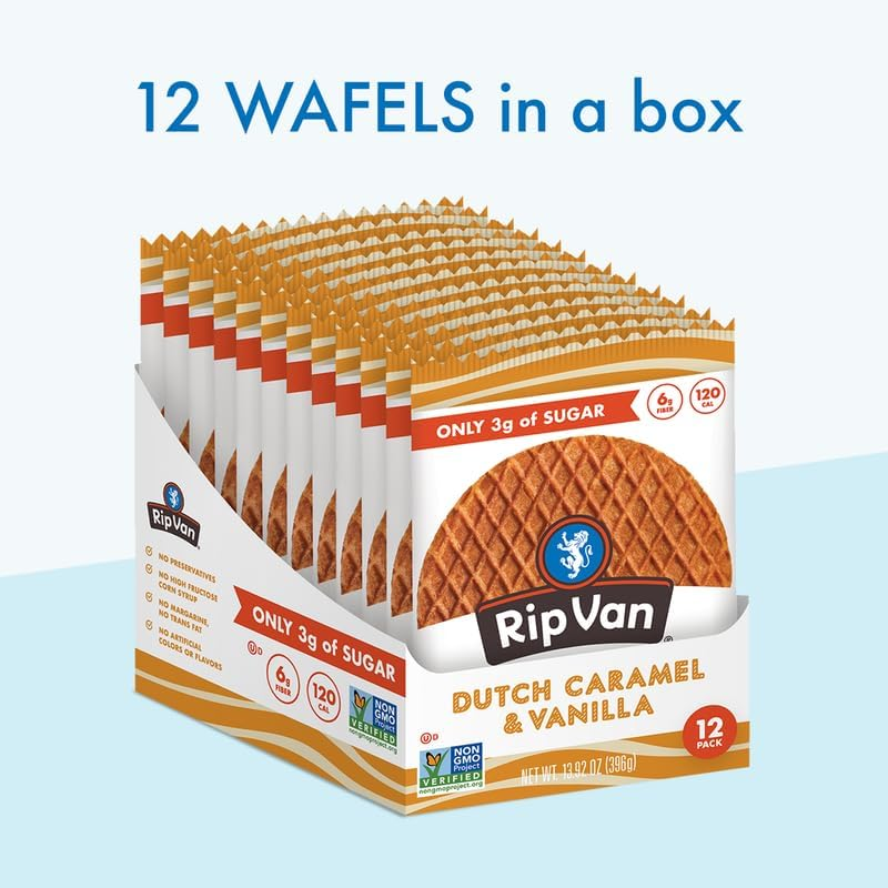 Rip Van Wafels Dutch Caramel & Vanilla Stroopwafels - Healthy Snacks - Non GMO Snack - Keto Friendly - Office Snacks - Low Sugar (3G) - Low Calorie Snack - 12 Count (Packaging May Vary) image number 1