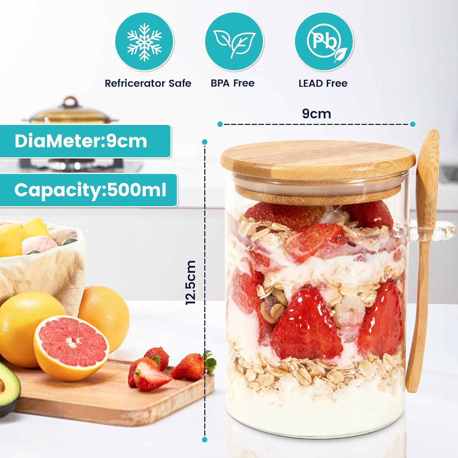 Feshory 4 Pack (500Ml /16.9Oz) Overnight Oats Containers with Lids and Spoons - Wide Mouth Glass Jar, Meal Prep Containers for Yogurt, Breakfast, Salad, Fruit, Chia Pudding (4X500Ml) image number 1