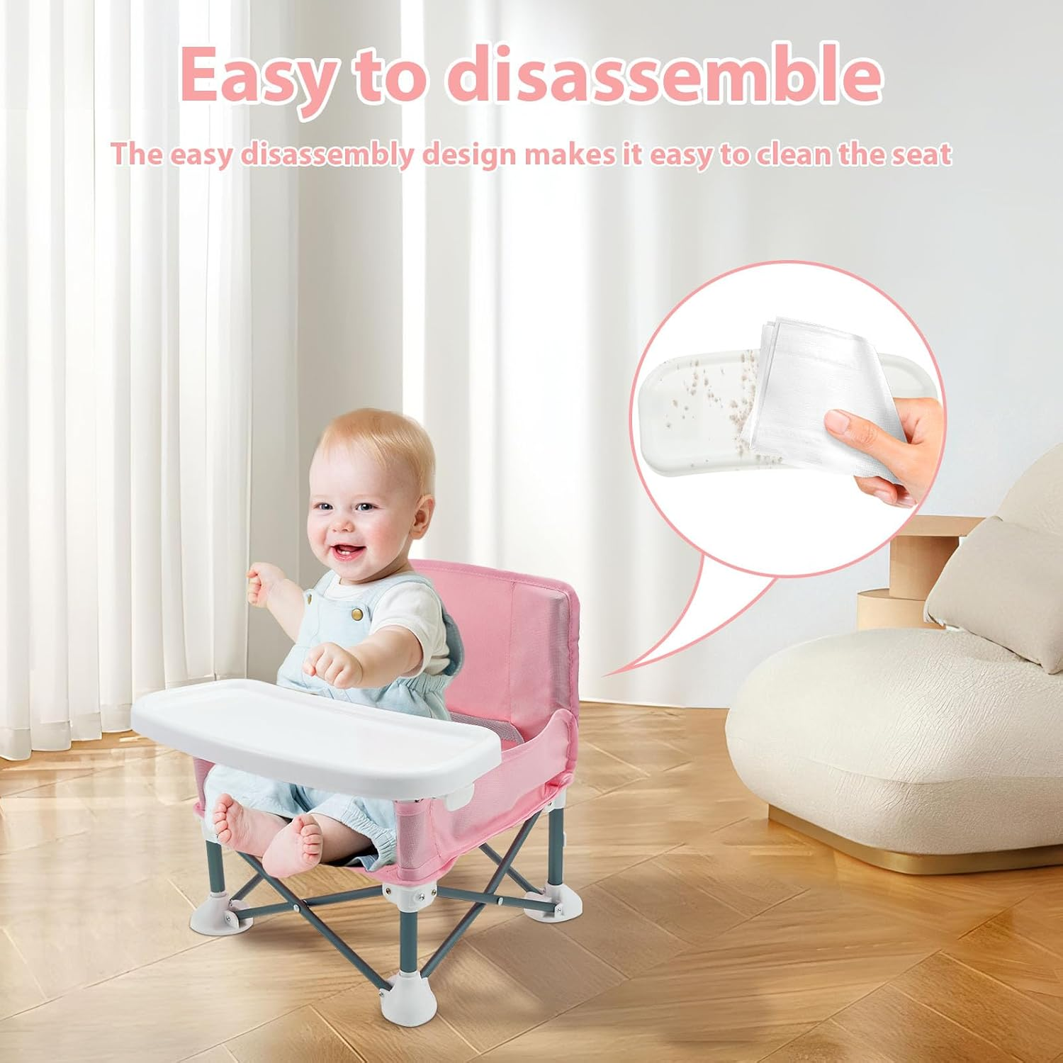 Baby Booster Seat Highchair, Portable Toddler Booster Seat High Chair with Child Safety Belt and Rear Storage Pocket Foldable Baby Floor Seat with Removable Feeding Tray for Indoor and Outdoor Use (Pink) - Grey image number 2