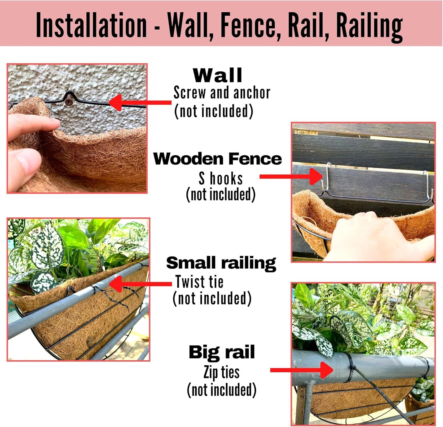 Lalagreen 16 Inch Large Wall Planter, 2 Pack Rail Hanging Pot with Coco Liner, Black Metal Wall Mounted Flower Basket Box Outdoor outside Fence Railing Plant Holder Deck Porch Patio Balcony Garden image number 6