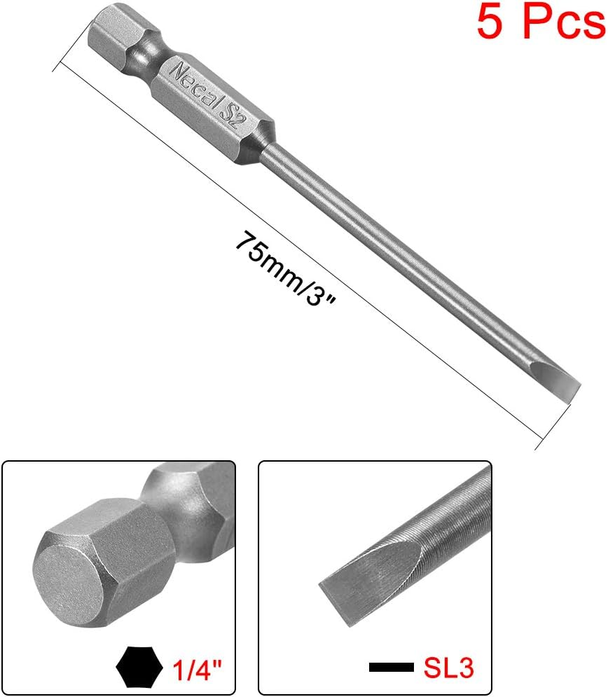Uxcell 5 Pcs 3Mm Slotted Tip Magnetic Flat Head Screwdriver Bits, 1/4 Inch Hex Shank 3-Inch Length S2 Power Tool image number 2