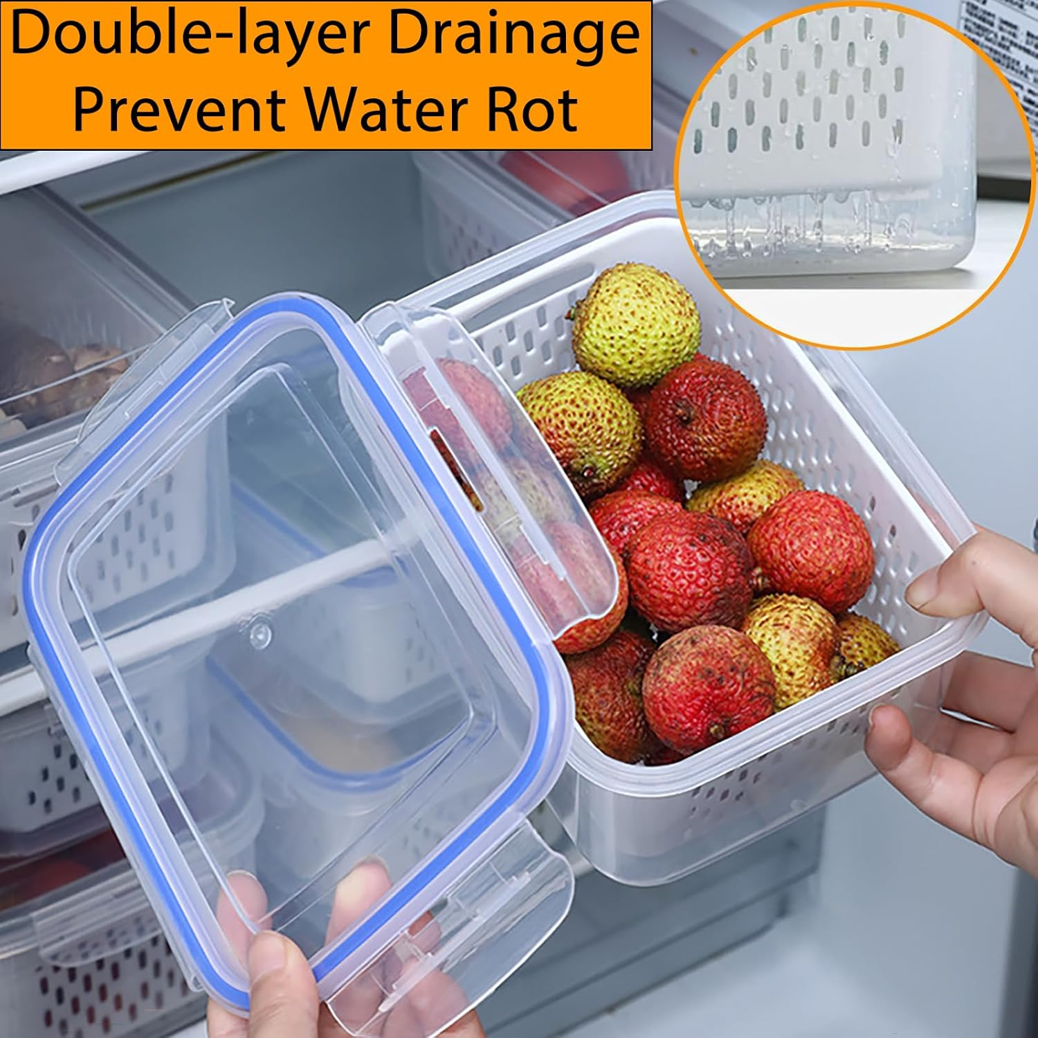 3 Pack Food Containers, Large Capacity Bpa-Free Plastic Box with Lid and Strainer for Fruits and Vegetables, Stackable Fresh Food Storage Containers for Kitchen Storage & Organisation（Grey） image number 6