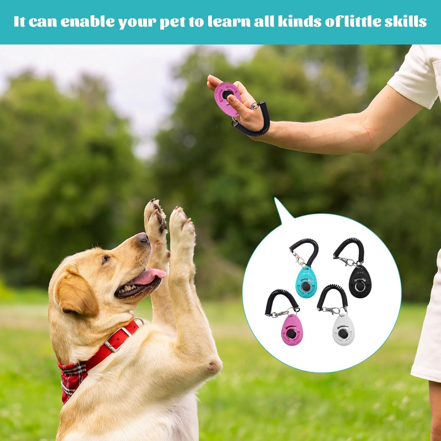 Dog Clicker, 4Pcs Dog Training Clicker, Pet Training Clicker, Pet Behavioral Training Tools with Wrist Strap for Pet like Dog, Cat, Horse, Bird, Dolphin, Puppy (Lake Blue & White & Black & Pink)
