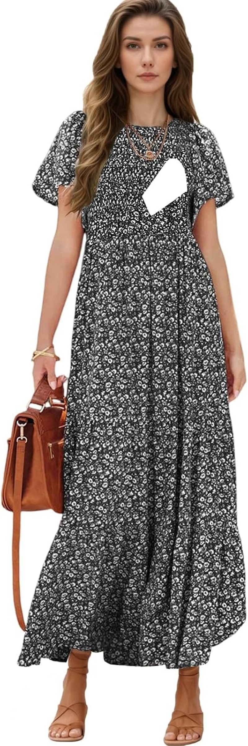 Womens Nursing Dress Summer Floral Print Short Flutter Sleeve Crew Neck Smocked High Waist Flowy Maxi with Pockets