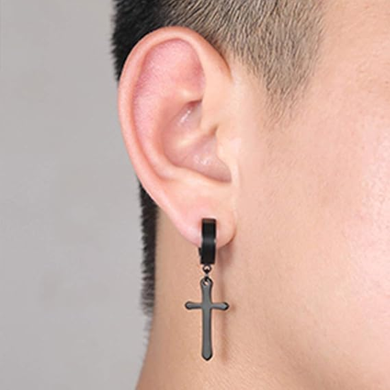 8 Pairs Non-Piercing Earrings Stainless Steel Magnetic Stud Earrings Cross Dangle Hoop Earrings Clip on Earring Set CZ Inlaid for Men Women Fake Gauges Earrings Black Silver image number 4