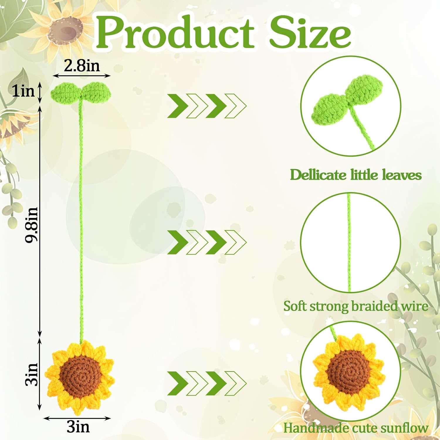 2PCS Sunflower Car Accessories, Handmade Sunflower Car Rear View Mirror Hanging Accessories Cute Crochet Cars Charm Ornaments for Interior Decorations Hanging(Yellow Green) image number 1