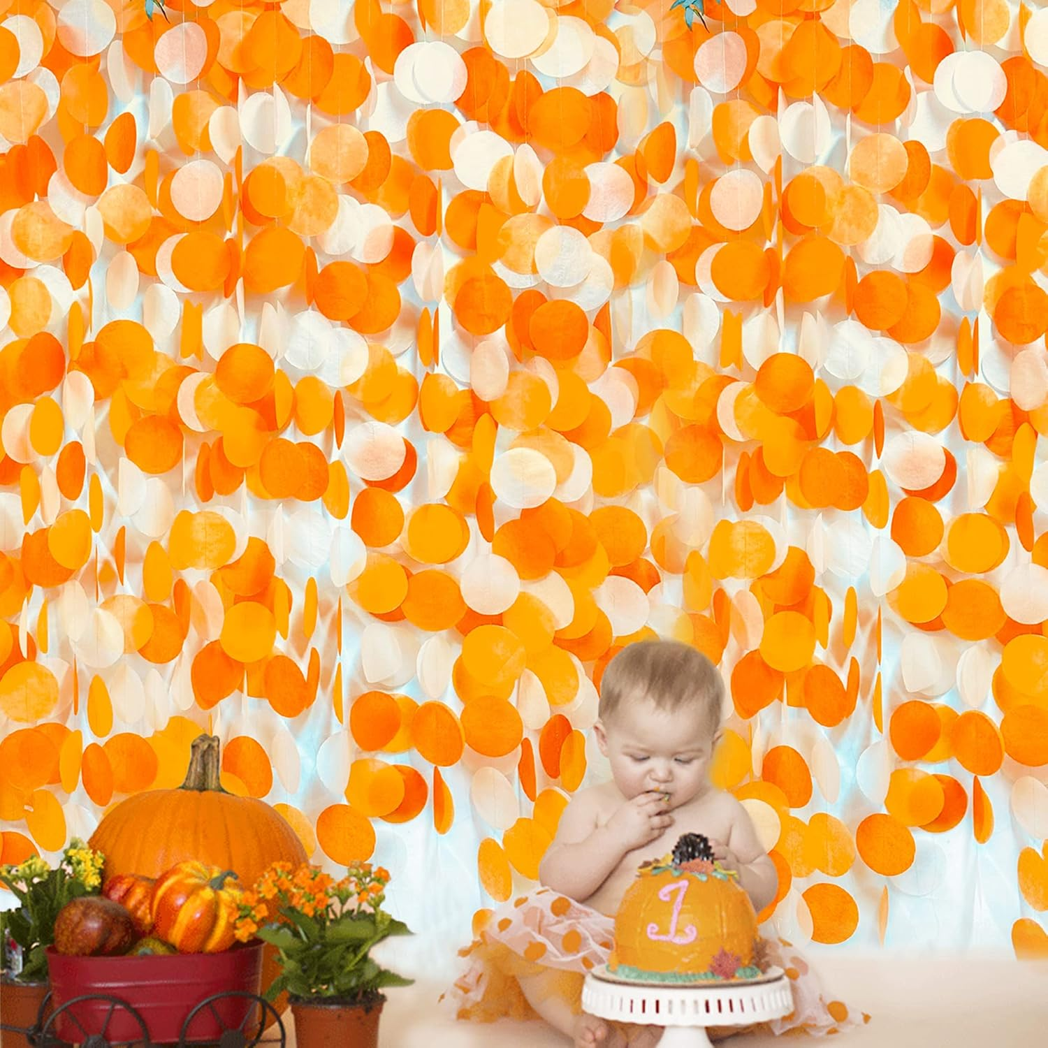 205 Ft Orange White Big Polka Dots Backdrop Garland Ombre Orange Tissue Paper Hanging Circle Dot Streamer for Birthday Baby Shower Wedding Fall Autumn Thanksgiving Harvest Party Decorations Supplies image number 2