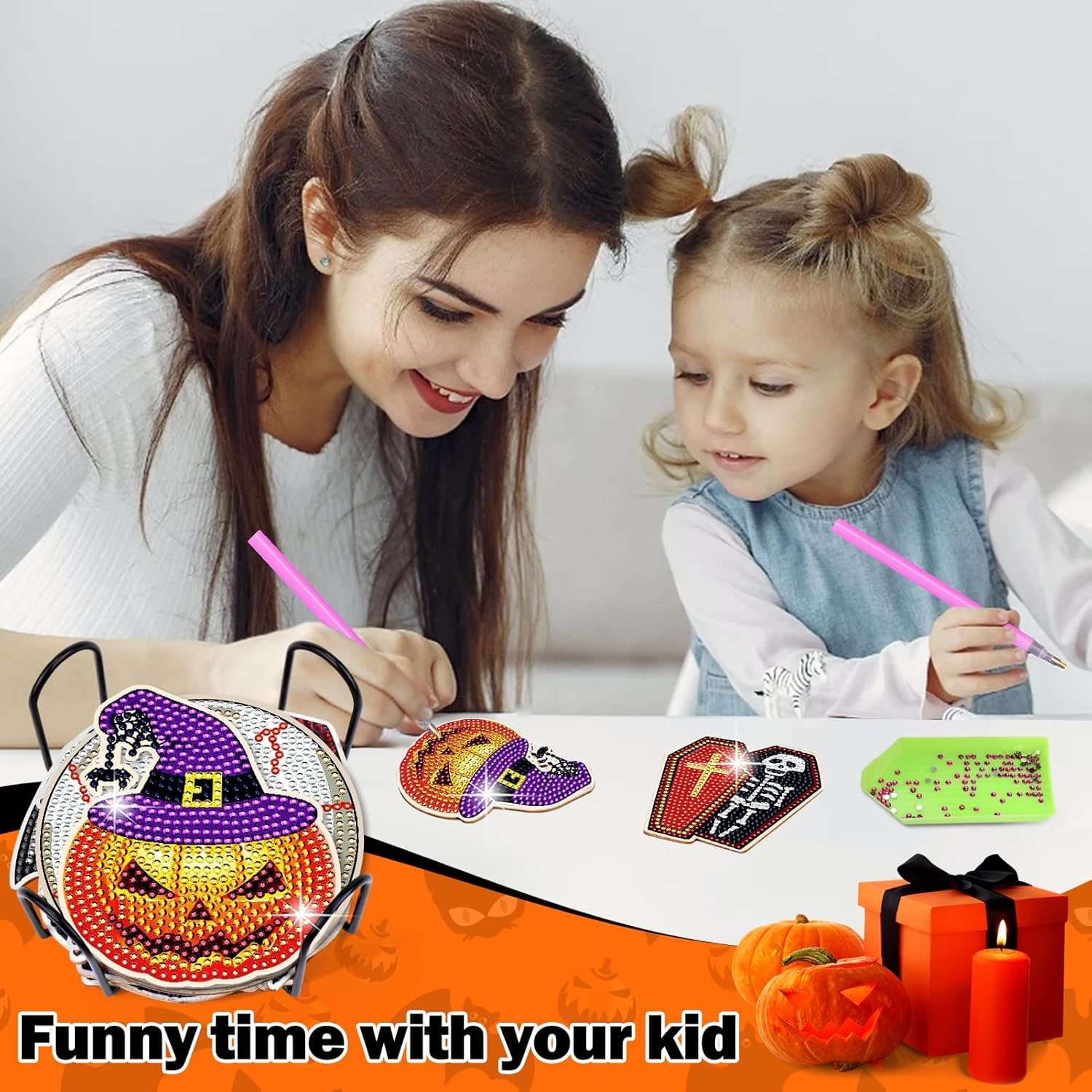 8 Pcs Halloween Diamond Art Kits for Adults, Skull Crafts Coasters and Accessories - Cork Coasters image number 5