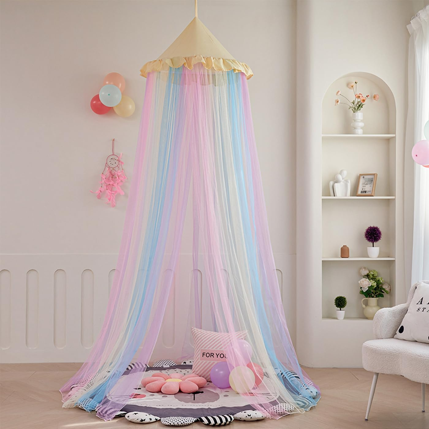 Rainbow Bed Canopy for Girls, Ruffles Mosquito Net with Dust-Proof round Dome Kids Dreamy Princess Bed Canopy Netting Room Crib Bed Curtains Camp Decor Accessories Child Reading Corners Ceiling Tent - Triangle image number 2