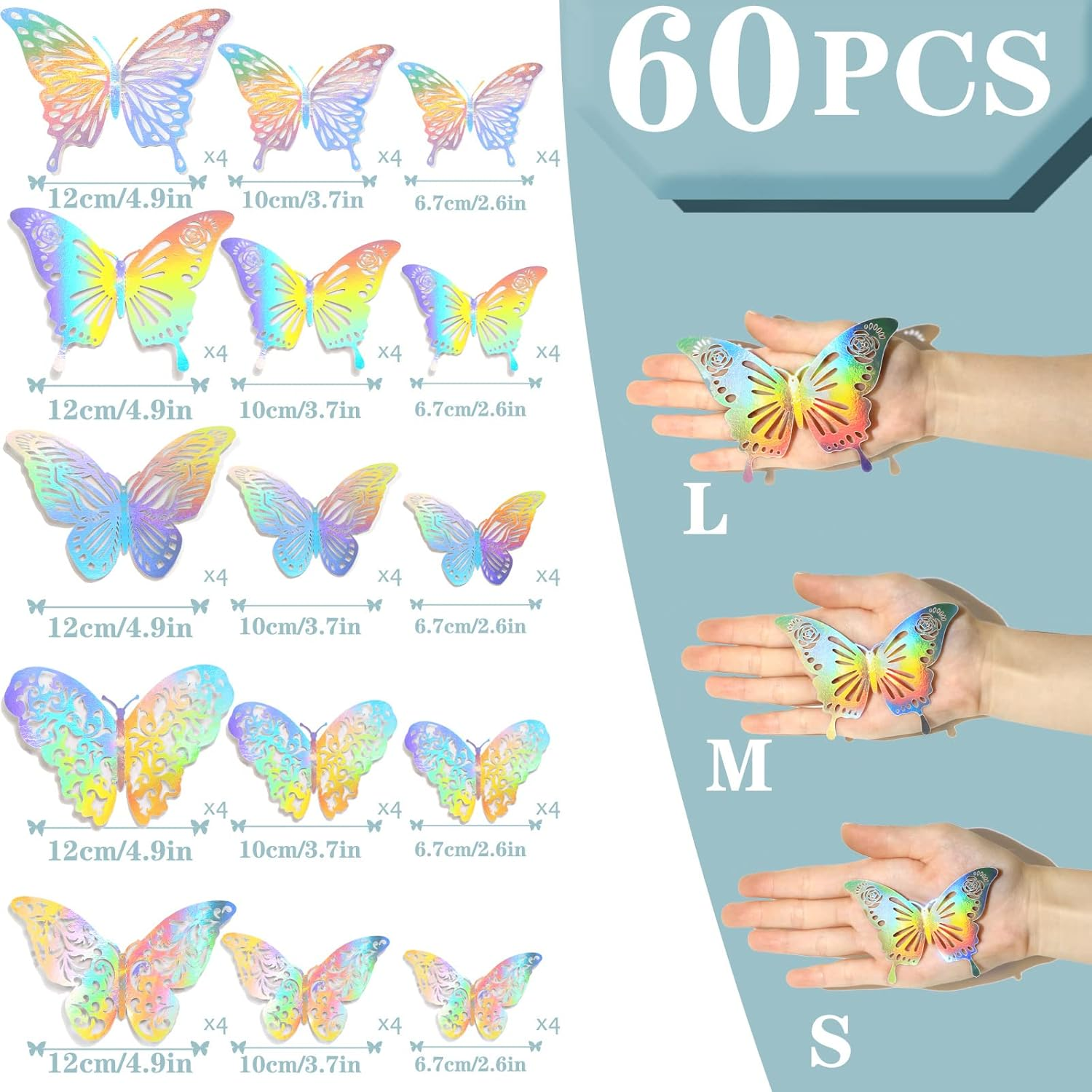 60 Pcs 3D Shiny Silver Butterfly Wall Stickers Decals ,Removable Holographic Silver Butterfly Wall Decor Classroom Decor with Set 5 Style DIY Man Made Decorative Paper Murals for Nursery, Party Decor (Silver)