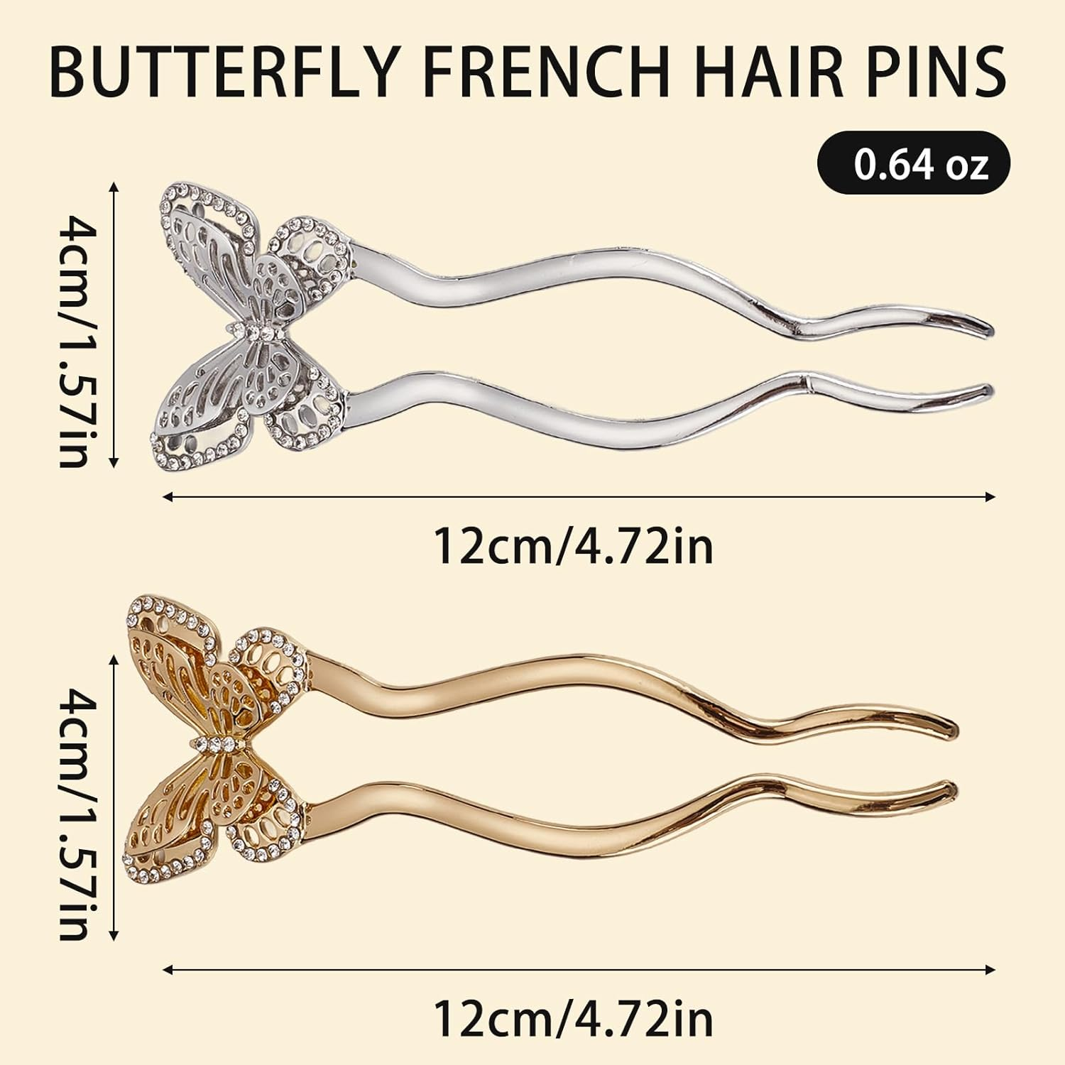 NICENEEDED 2 PCS Vintage Butterfly Hairpins, U-Shaped French Twist Alloy Hair Forks, Silver Gold Double Prong Hair Accessories for Wedding Party Holiday Daily image number 2