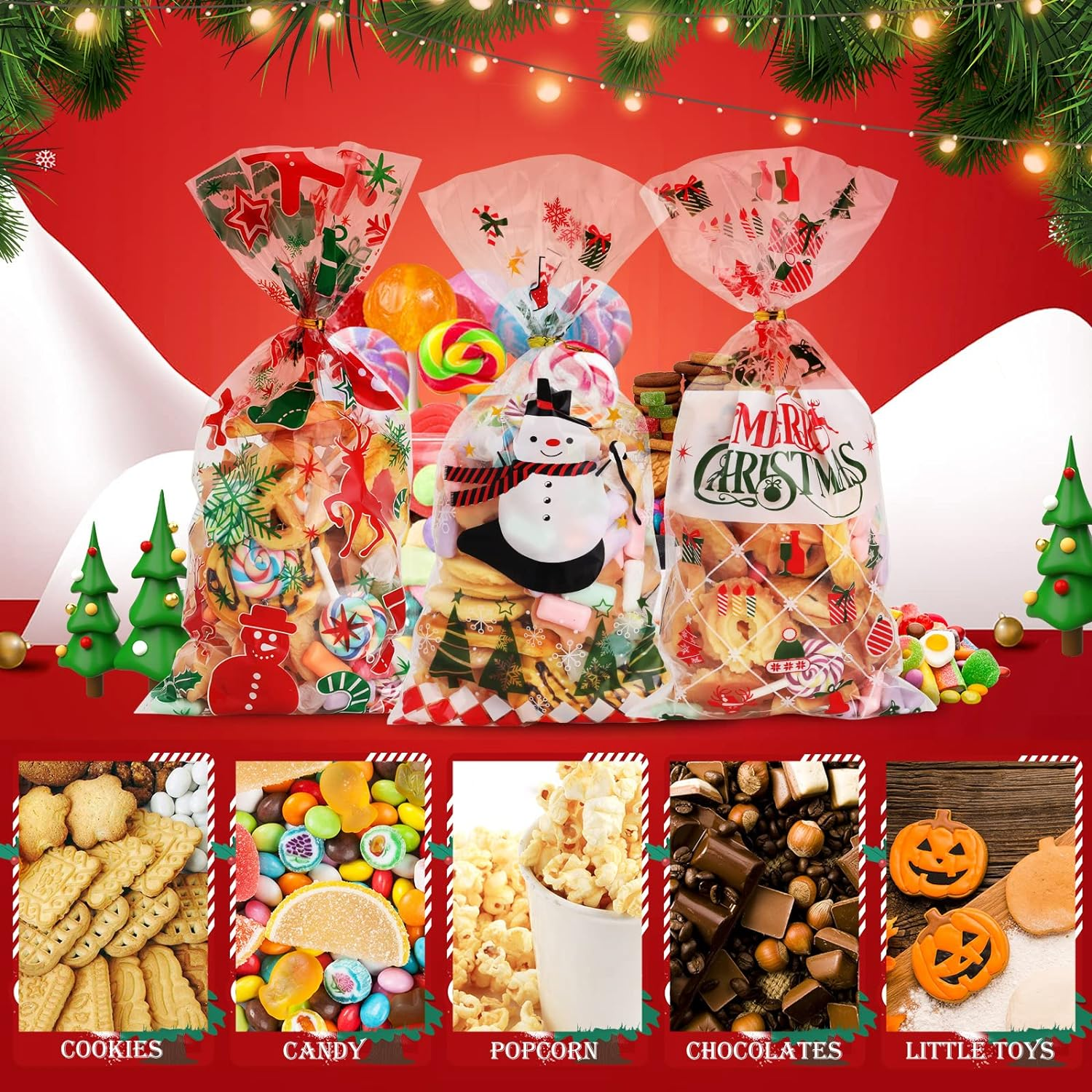Geeric Xmas Candy Bags with Twist Tie - 100 PCS, 10 Different Designed Cellophane with Christmas Snowman, Tree, Santa Claus, Snowflake, Elk Print Pattern Cookie Bags - Style 5 image number 7