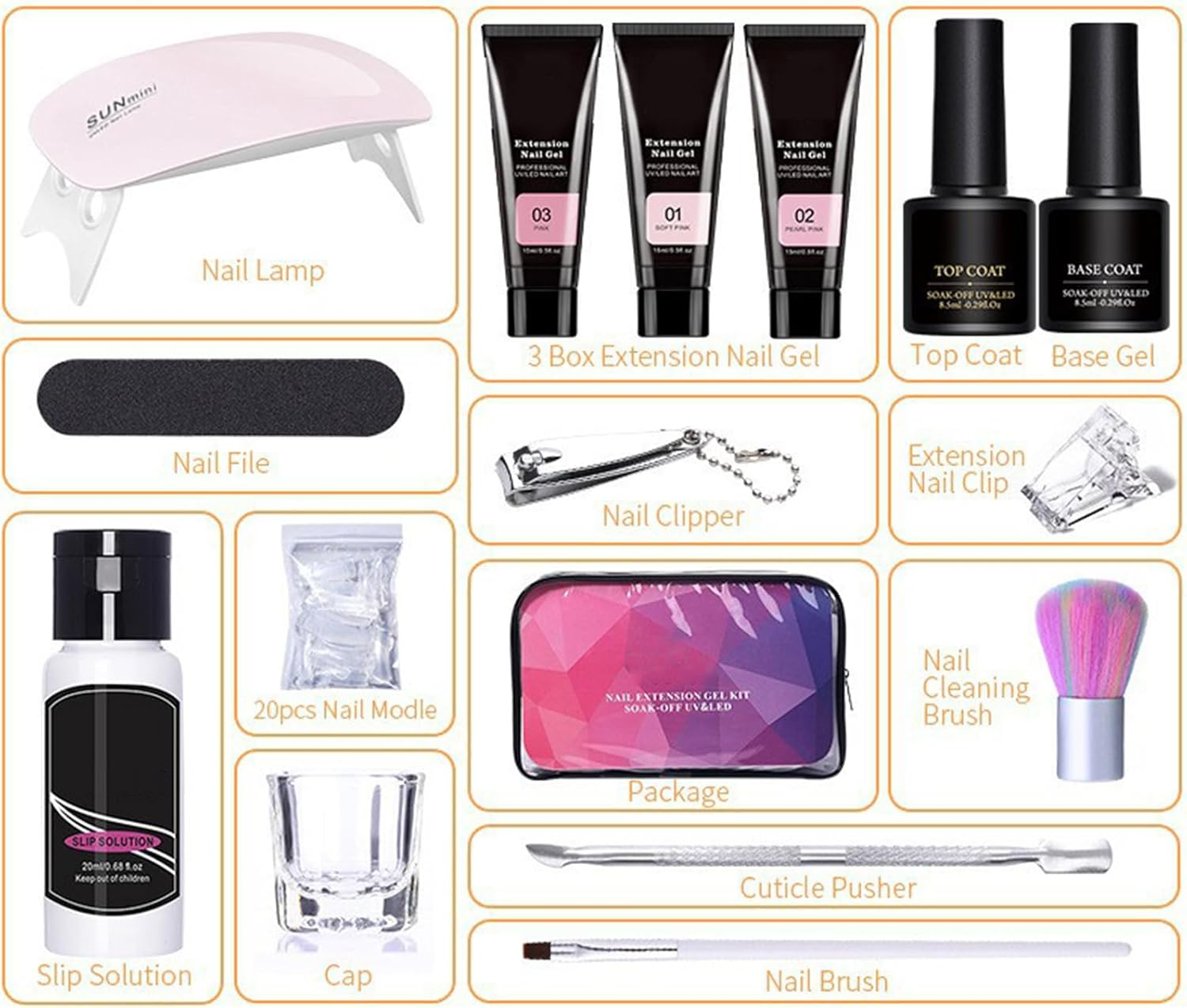 Poly Extension Gel Nail Kit,3 Colors Extension Nail Gel with Slip Solution and Lamp - Manicure Set for Home and Salon, Includes File and Clip